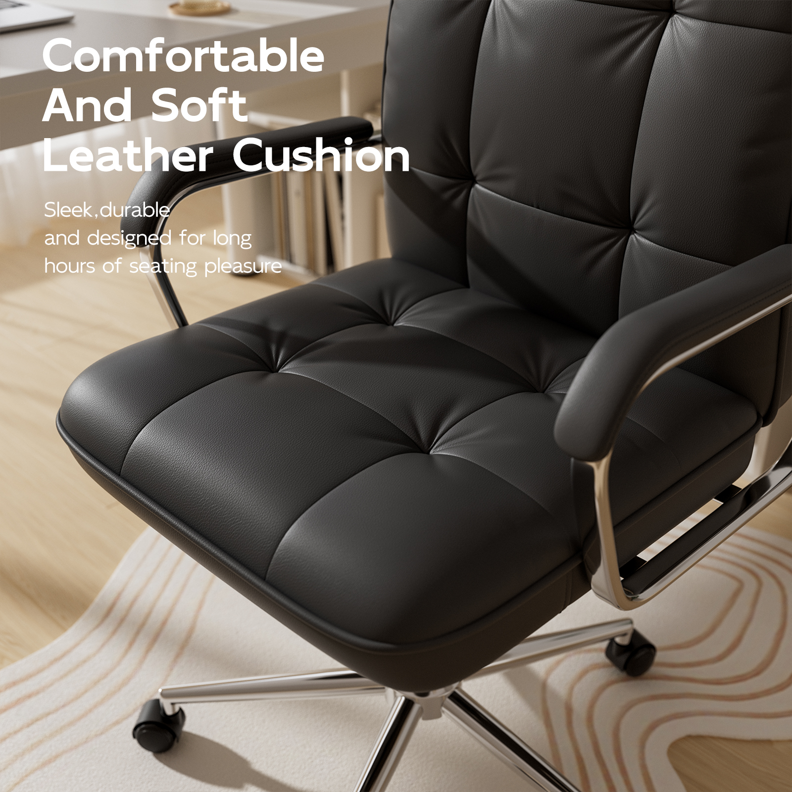 Genpo Black Office Chair, Swivel Leather Computer Desk Chair with Wheels and Padded Arms, Executive Office Chair for Adults - Image 3