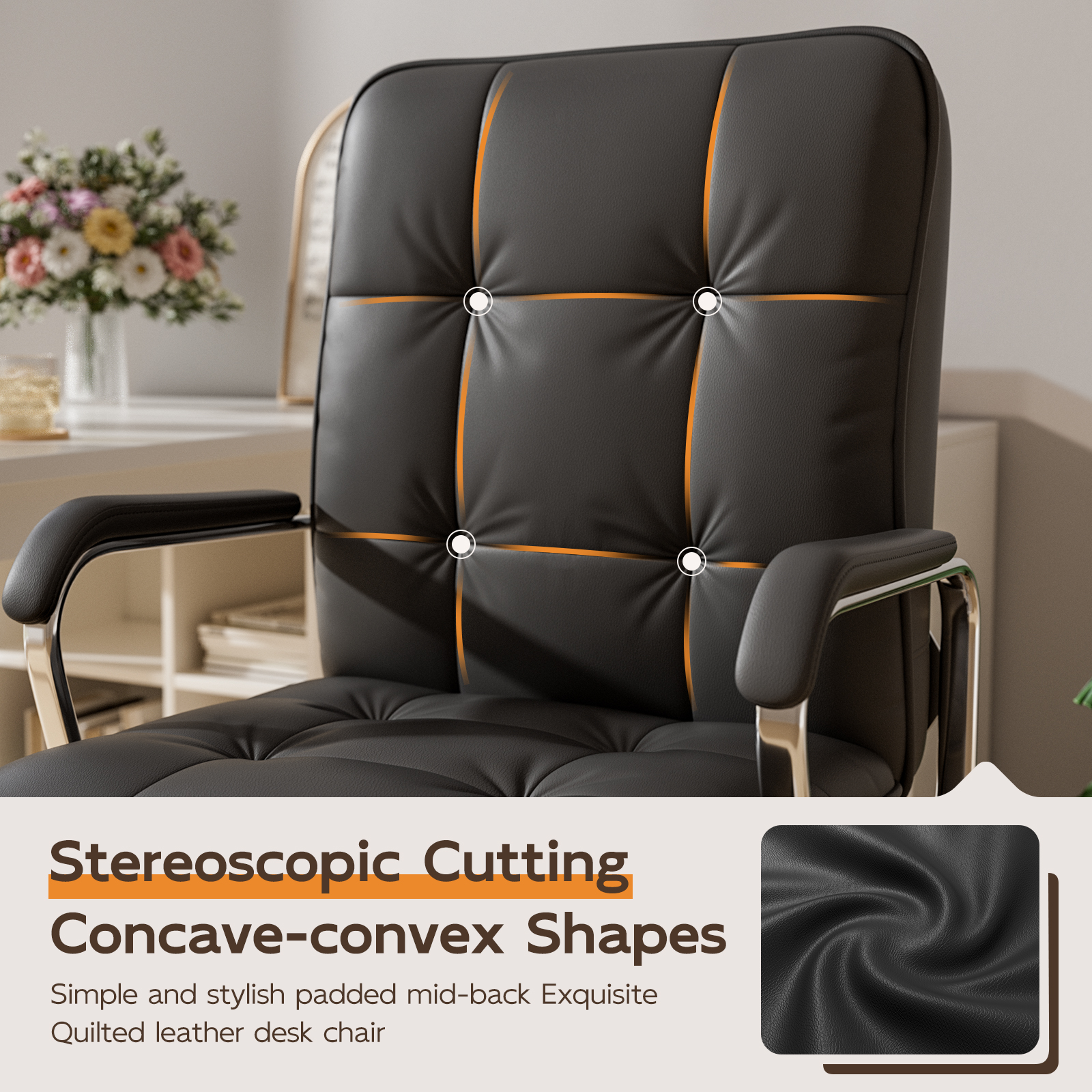 Genpo Black Office Chair, Swivel Leather Computer Desk Chair with Wheels and Padded Arms, Executive Office Chair for Adults - Image 4