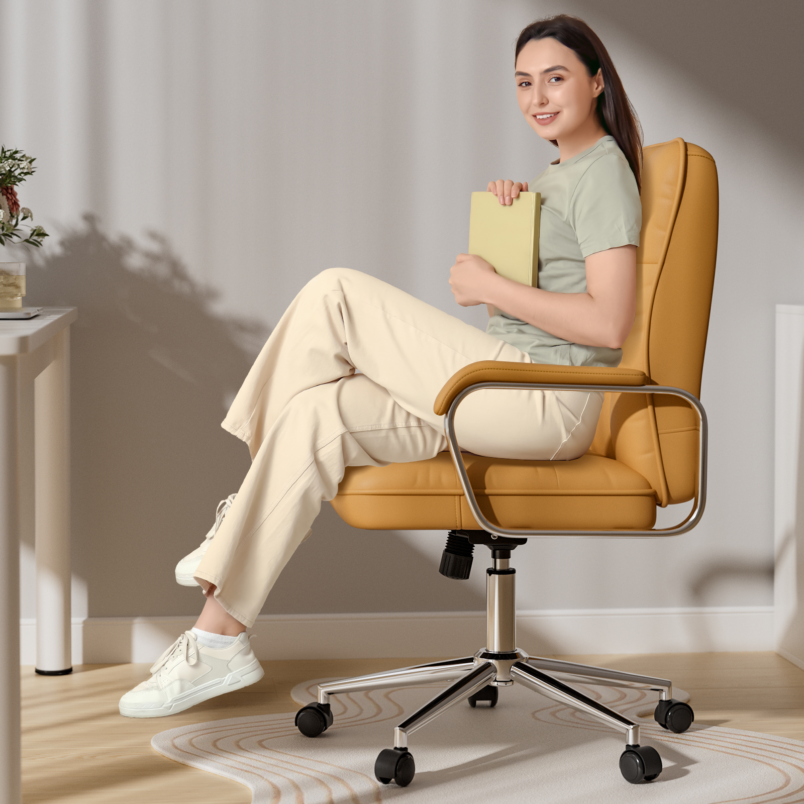 Genpo Brown Office Chair, Swivel Leather Computer Desk Chair with Wheels and Padded Arms, Executive Office Chair for Adults - Image 7