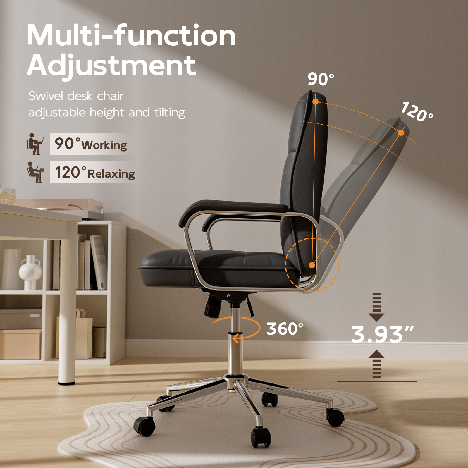 Genpo Black Office Chair, Swivel Leather Computer Desk Chair with Wheels and Padded Arms, Executive Office Chair for Adults - Image 5