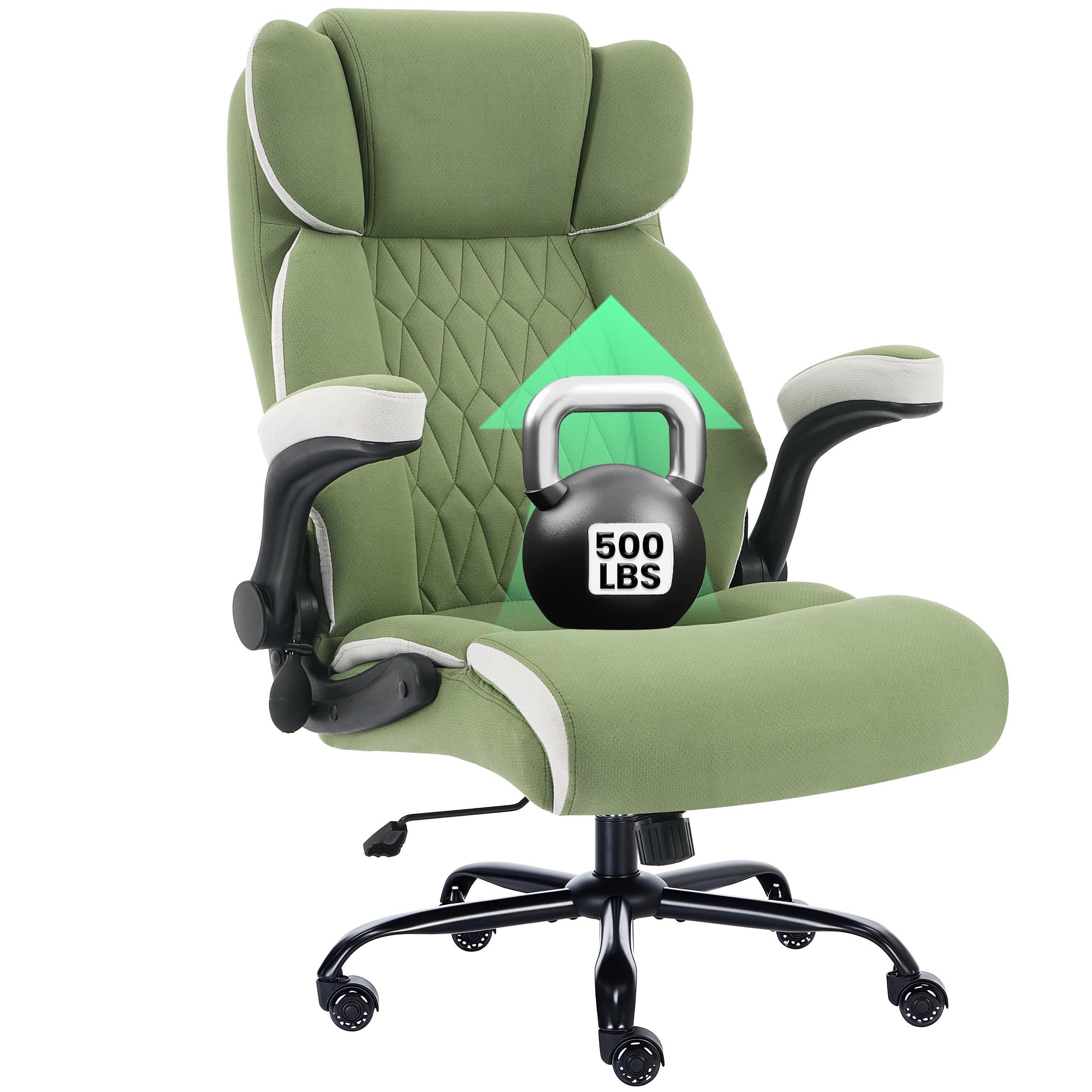 Genpo Big and Tall Office Chair 500LBS with Adjustable Lumbar Support and Padded Flip-up Arms, Green Fabric Ergonomic Executive Computer Desk Chair with Rubber Wheels and Wide Seat for Adults Teens