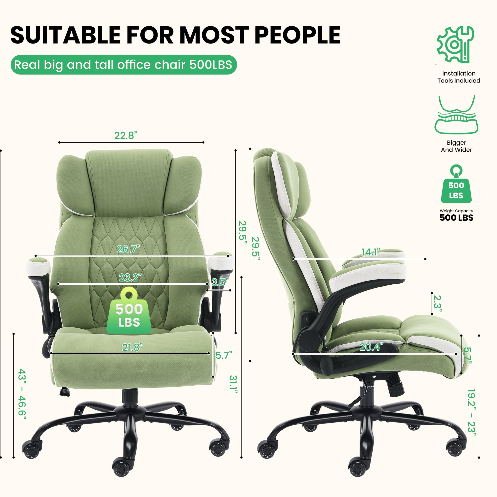 Genpo Big and Tall Office Chair 500LBS with Adjustable Lumbar Support and Padded Flip-up Arms, Green Fabric Ergonomic Executive Computer Desk Chair with Rubber Wheels and Wide Seat for Adults Teens - Image 2
