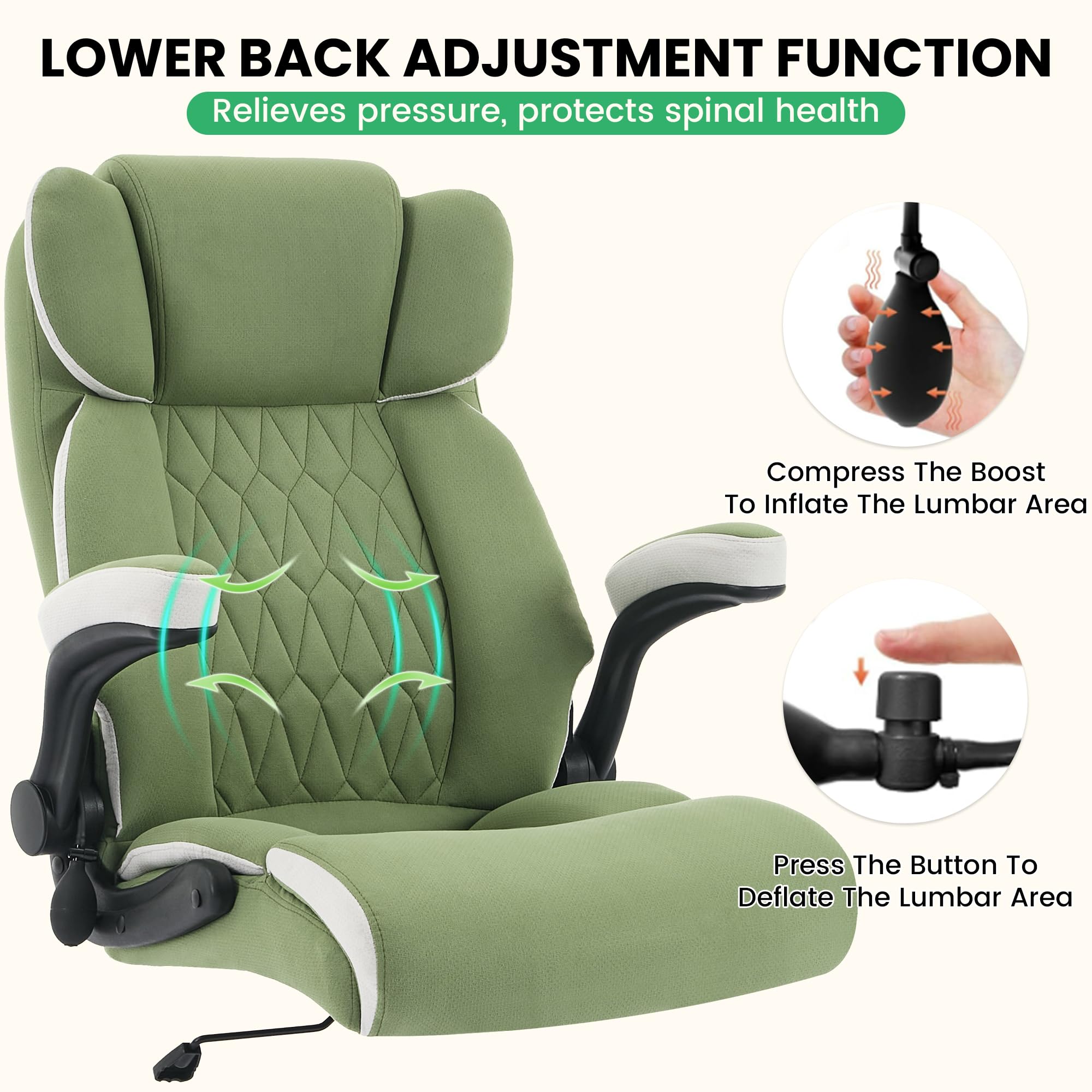 Genpo Big and Tall Office Chair 500LBS with Adjustable Lumbar Support and Padded Flip-up Arms, Green Fabric Ergonomic Executive Computer Desk Chair with Rubber Wheels and Wide Seat for Adults Teens - Image 3