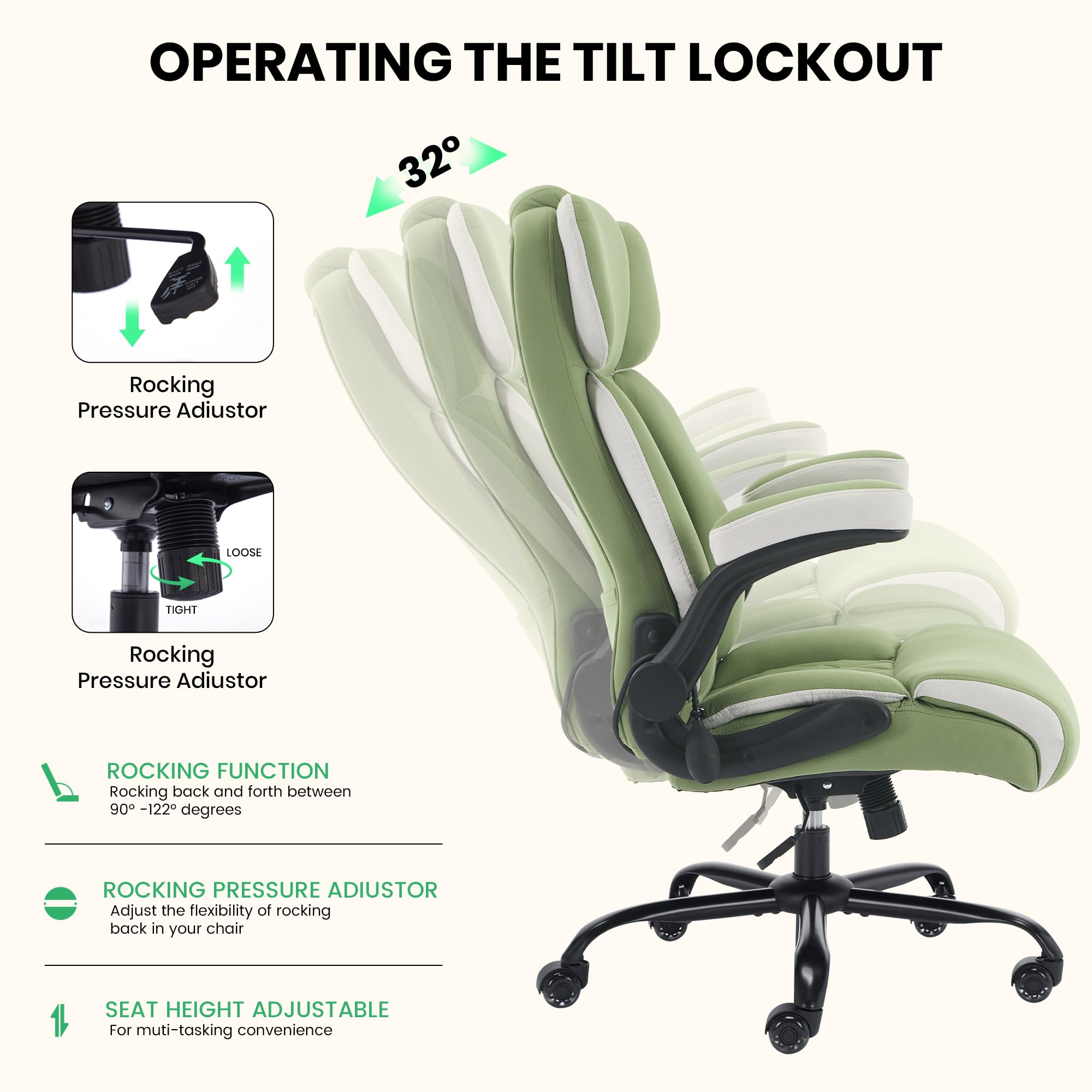 Genpo Big and Tall Office Chair 500LBS with Adjustable Lumbar Support and Padded Flip-up Arms, Green Fabric Ergonomic Executive Computer Desk Chair with Rubber Wheels and Wide Seat for Adults Teens - Image 4