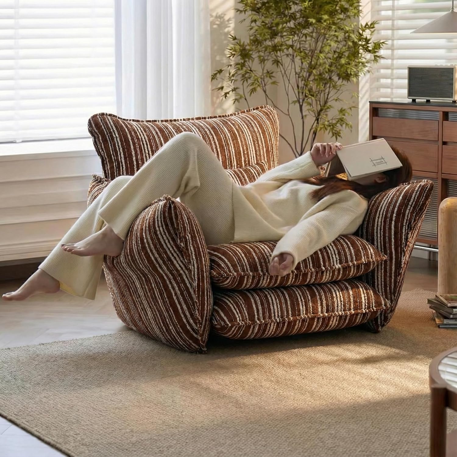 Genpo Oversized Chenille Accent Chair with Lumbar Pillow, Wide Armrests and Deep Seat 7 Inch High Density Foam for Living Room Bedroom, 350 lbs, Brown Single Sofa Armchair