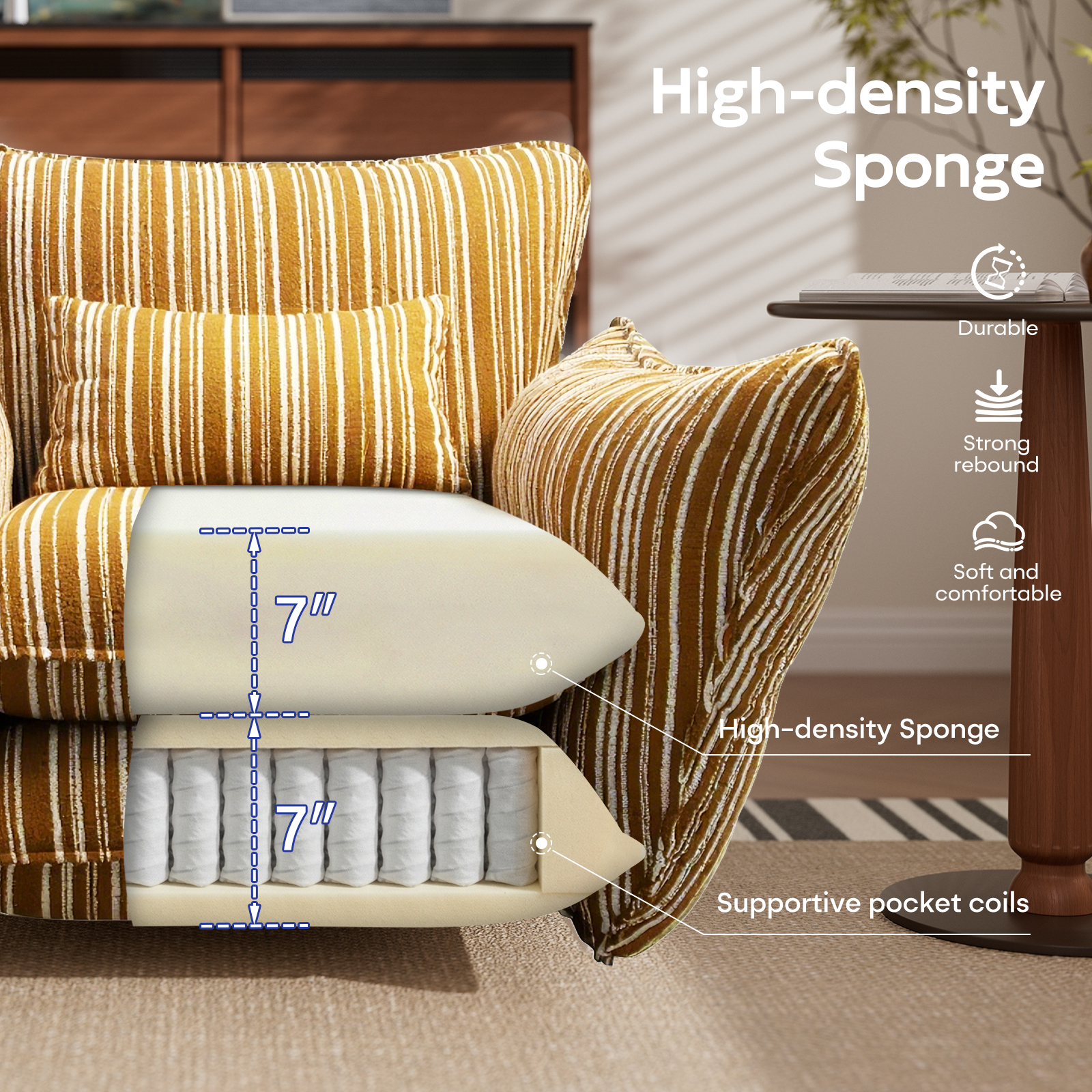 Genpo Oversized Chenille Accent Chair with Lumbar Pillow, Wide Armrests and Deep Seat 7 Inch High Density Foam for Living Room Bedroom, 350 lbs, Yellow Single Sofa Armchair - Image 3