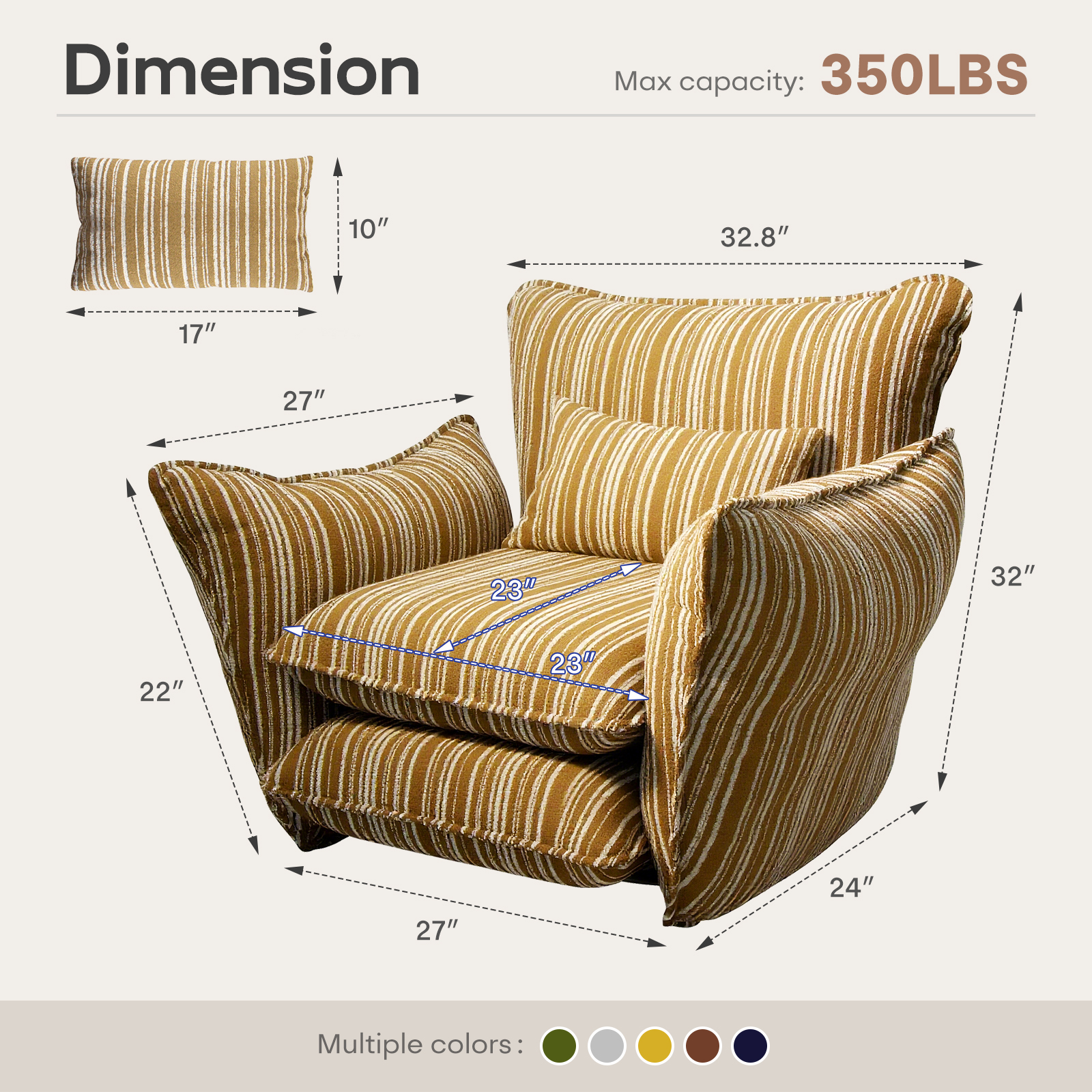 Genpo Oversized Chenille Accent Chair with Lumbar Pillow, Wide Armrests and Deep Seat 7 Inch High Density Foam for Living Room Bedroom, 350 lbs, Yellow Single Sofa Armchair - Image 2