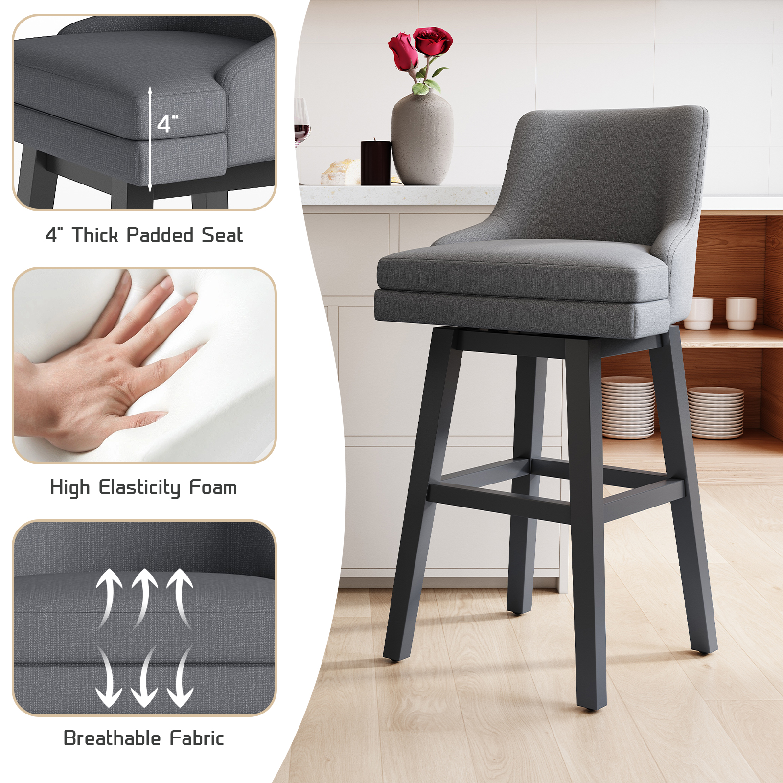 Genpo Bar Stools Set of 2, 26" H Upholstered Barstools with Backs, Swivel Modern Counter Height Bar Stool Chairs for Kitchen Island, Wood Legs, Gray Fabric Counter Stools - Image 8