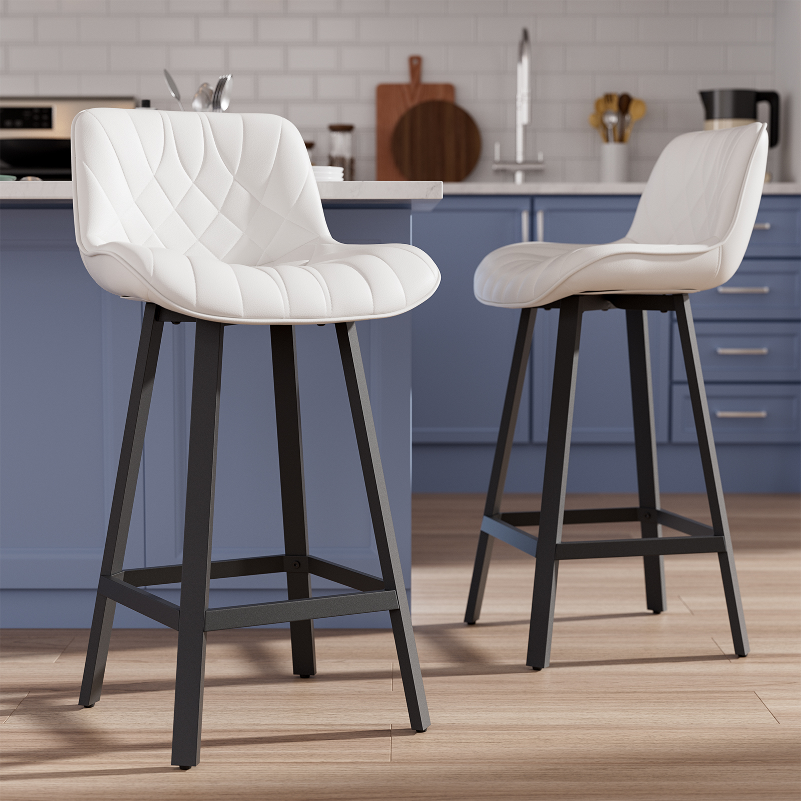Genpo Bar Stools Set of 2, 26 Inch Barstools with Metal Legs, White Leather Farmhouse Upholstered Counter Height Bar Stool for Kitchen, Dining, Bar