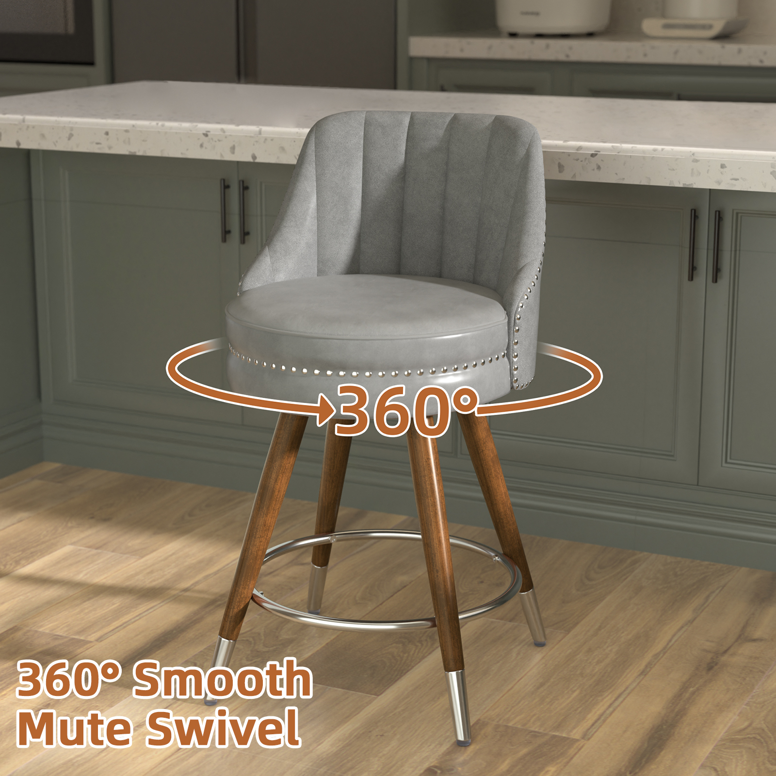 Genpo 24" Counter Height Bar stools Set of 2, Grey Leather Bar Stools with Backs, Swivel Counter Stools with Wooden Legs For Kitchen Island - Image 3