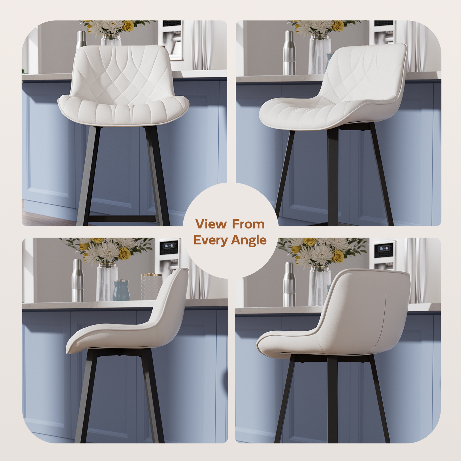 Genpo Bar Stools Set of 2, 26 Inch Barstools with Metal Legs, White Leather Farmhouse Upholstered Counter Height Bar Stool for Kitchen, Dining, Bar - Image 9