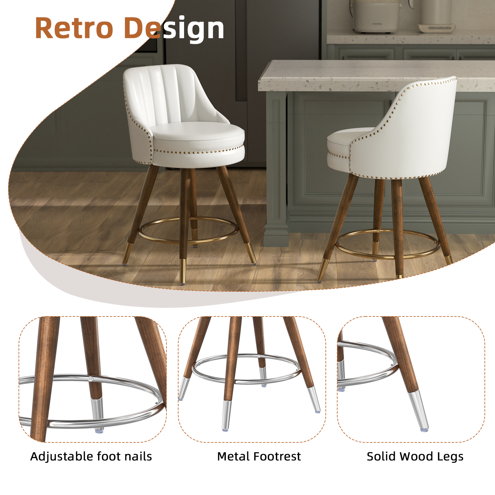 Genpo 24" Counter Height Bar stools Set of 2, White Leather Bar Stools with Backs, Swivel Counter Stools with Wooden Legs For Kitchen Island - Image 4