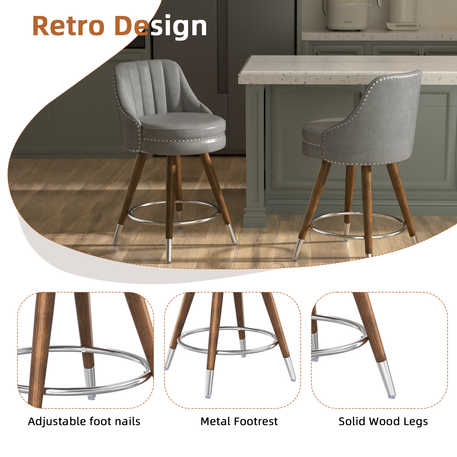 Genpo 24" Counter Height Bar stools Set of 2, Grey Leather Bar Stools with Backs, Swivel Counter Stools with Wooden Legs For Kitchen Island - Image 4