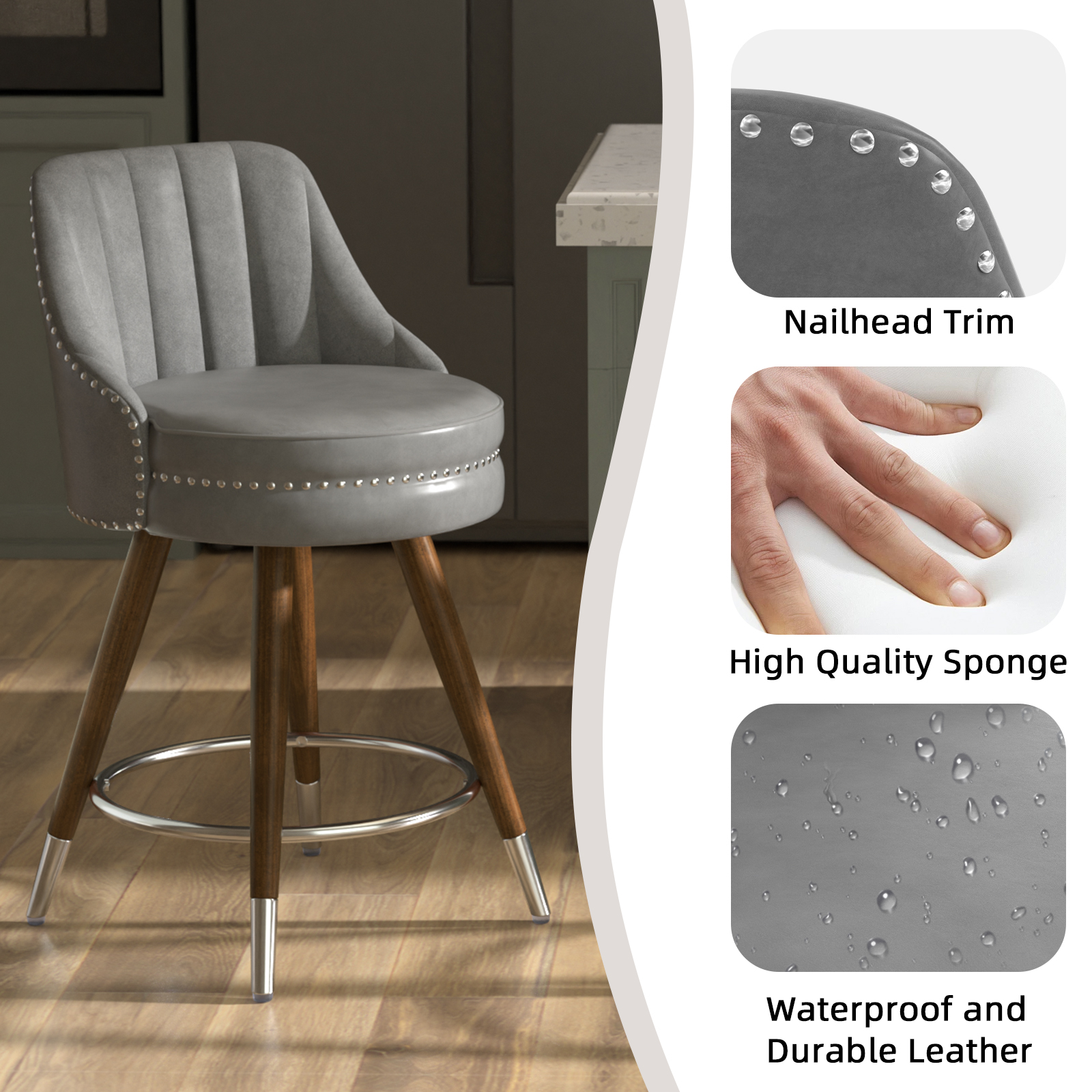 Genpo 24" Counter Height Bar stools Set of 2, Grey Leather Bar Stools with Backs, Swivel Counter Stools with Wooden Legs For Kitchen Island - Image 5