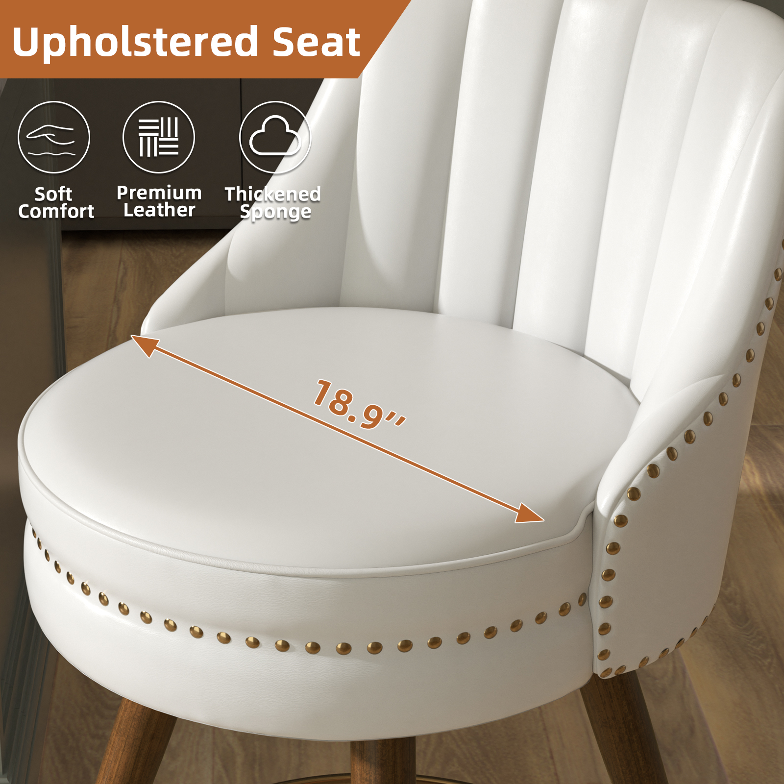 Genpo 24" Counter Height Bar stools Set of 2, White Leather Bar Stools with Backs, Swivel Counter Stools with Wooden Legs For Kitchen Island - Image 6