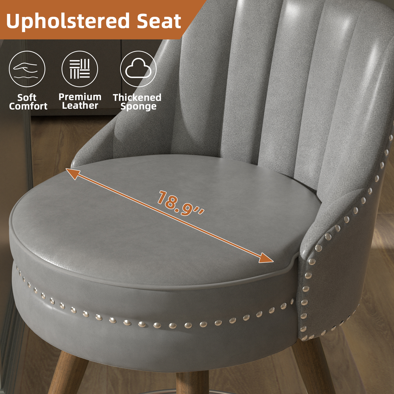 Genpo 24" Counter Height Bar stools Set of 2, Grey Leather Bar Stools with Backs, Swivel Counter Stools with Wooden Legs For Kitchen Island - Image 6