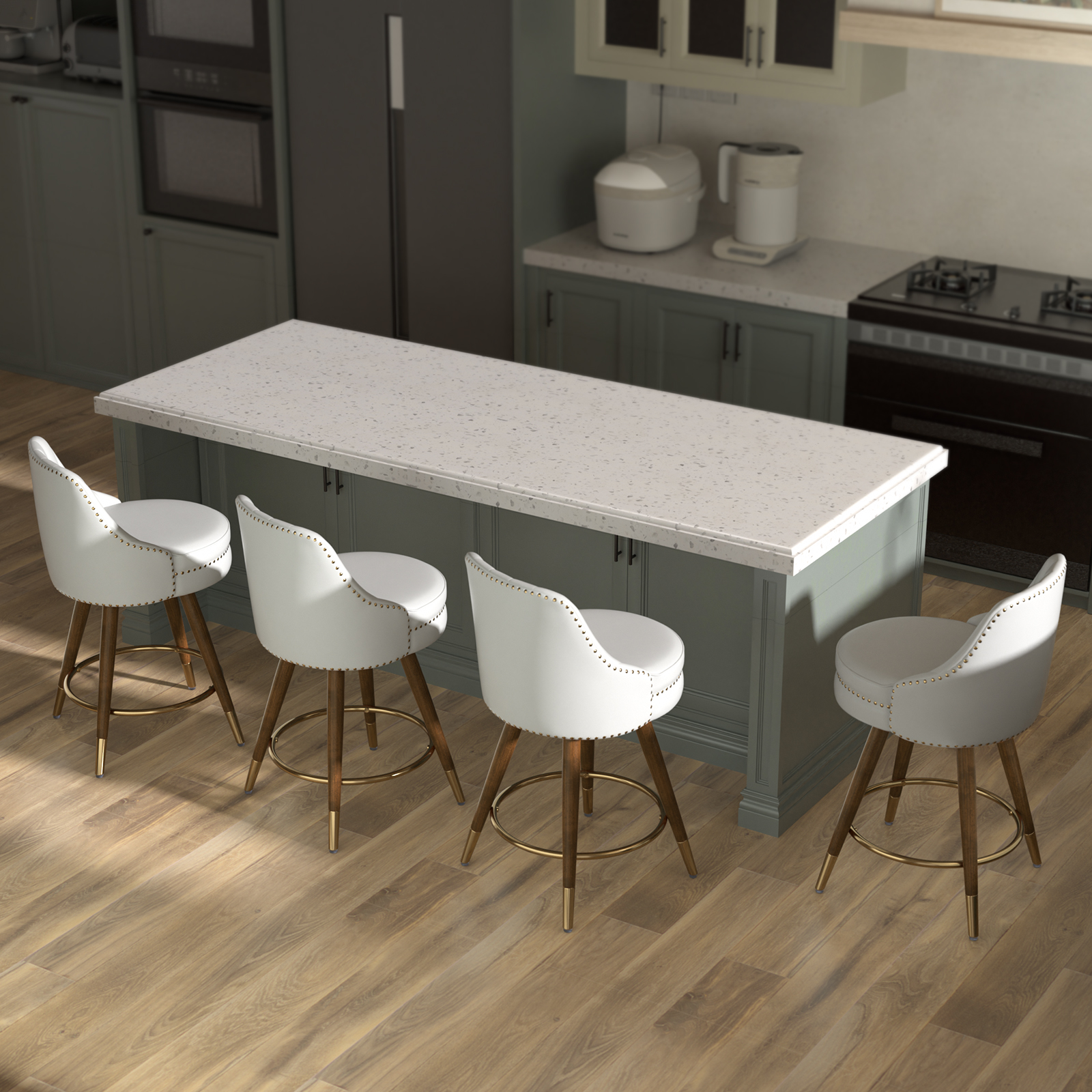 Genpo 24" Counter Height Bar stools Set of 4, White Leather Bar Stools with Backs, Swivel Counter Stools with Wooden Legs For Kitchen Island
