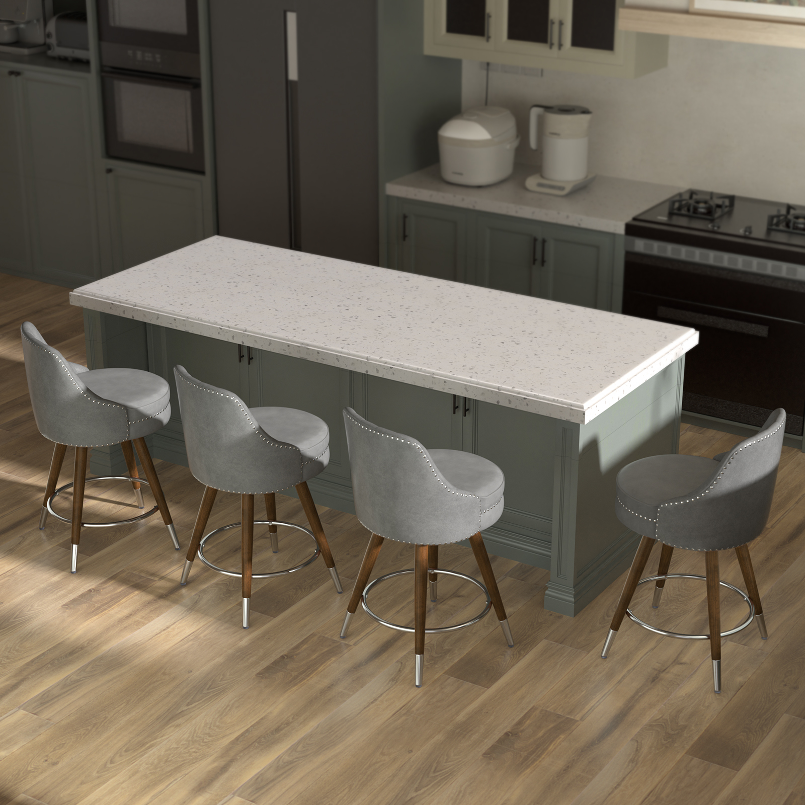 Genpo 24" Counter Height Bar stools Set of 4, Gray Leather Bar Stools with Backs, Swivel Counter Stools with Wooden Legs For Kitchen Island