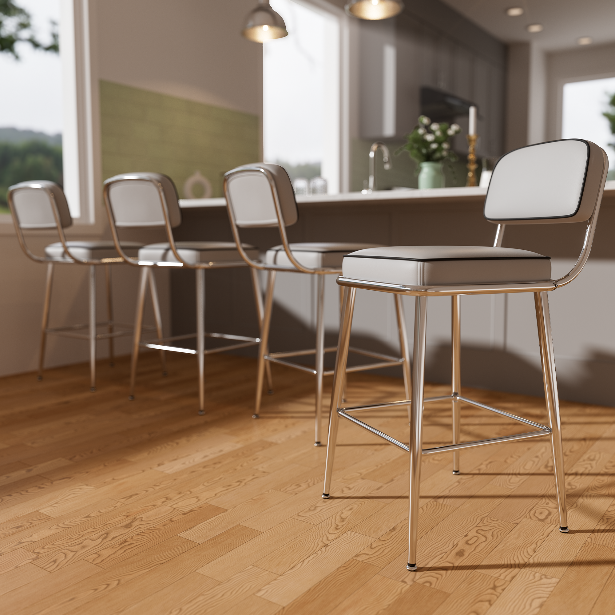 Genpo Counter Height Bar Stools Set of 4, 26" Gray Bar Stools with Back and Metal Legs, Fabric Kitchen Counter Stools with Footrest and Wide Seat, Bar Chairs for Kitchen Island