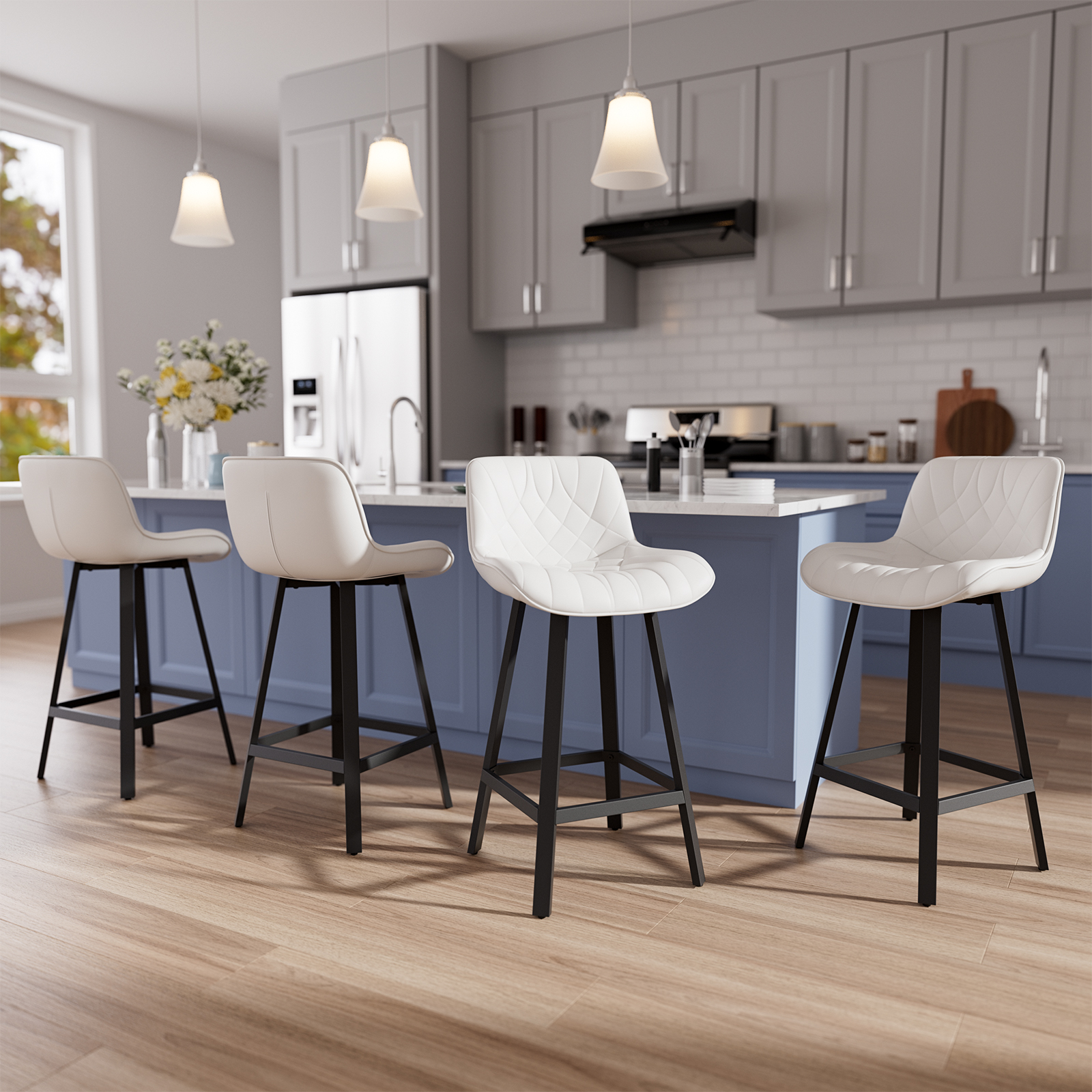 Genpo Bar Stools Set of 4, 26 Inch Barstools with Metal Legs, White Leather Farmhouse Upholstered Counter Height Bar Stool for Kitchen, Dining, Bar