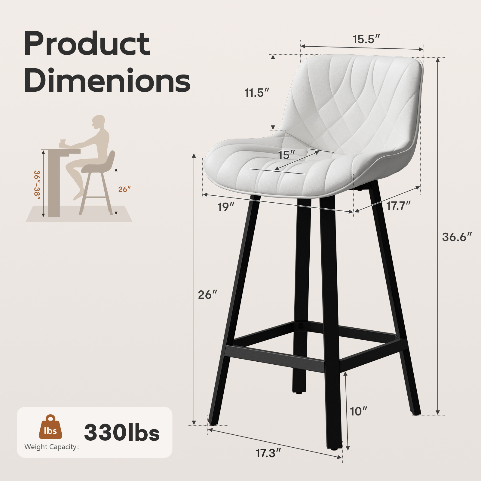 Genpo Bar Stools Set of 2, 26 Inch Barstools with Metal Legs, White Leather Farmhouse Upholstered Counter Height Bar Stool for Kitchen, Dining, Bar - Image 2