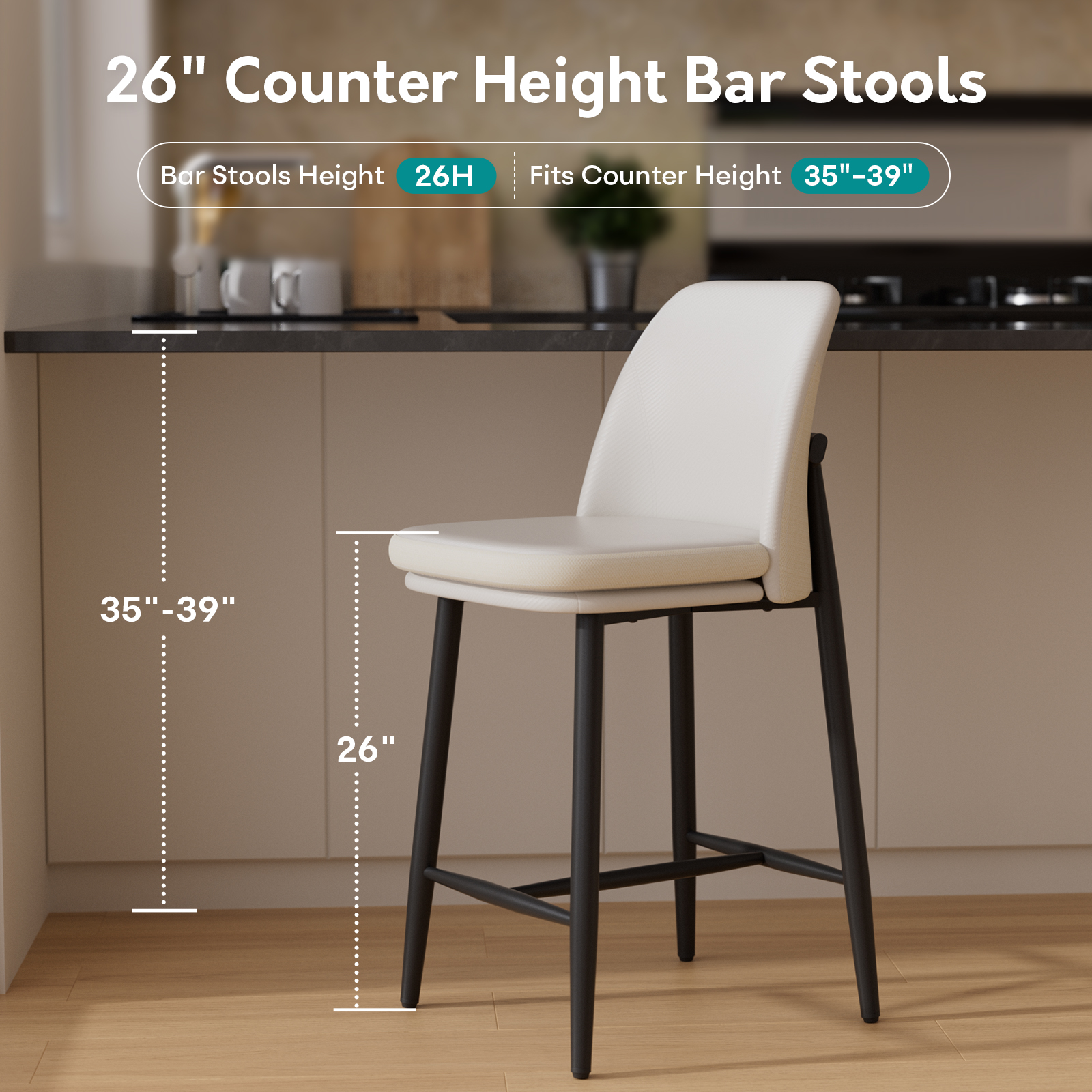 Genpo Bar Stools Set of 6, Upholstered Counter Height Bar Stools, Counter Stools 26 Inch Barstools with Back, Metal Legs and Textured Leather&Fabric for Kitchen Island Dining Room, White - Image 3