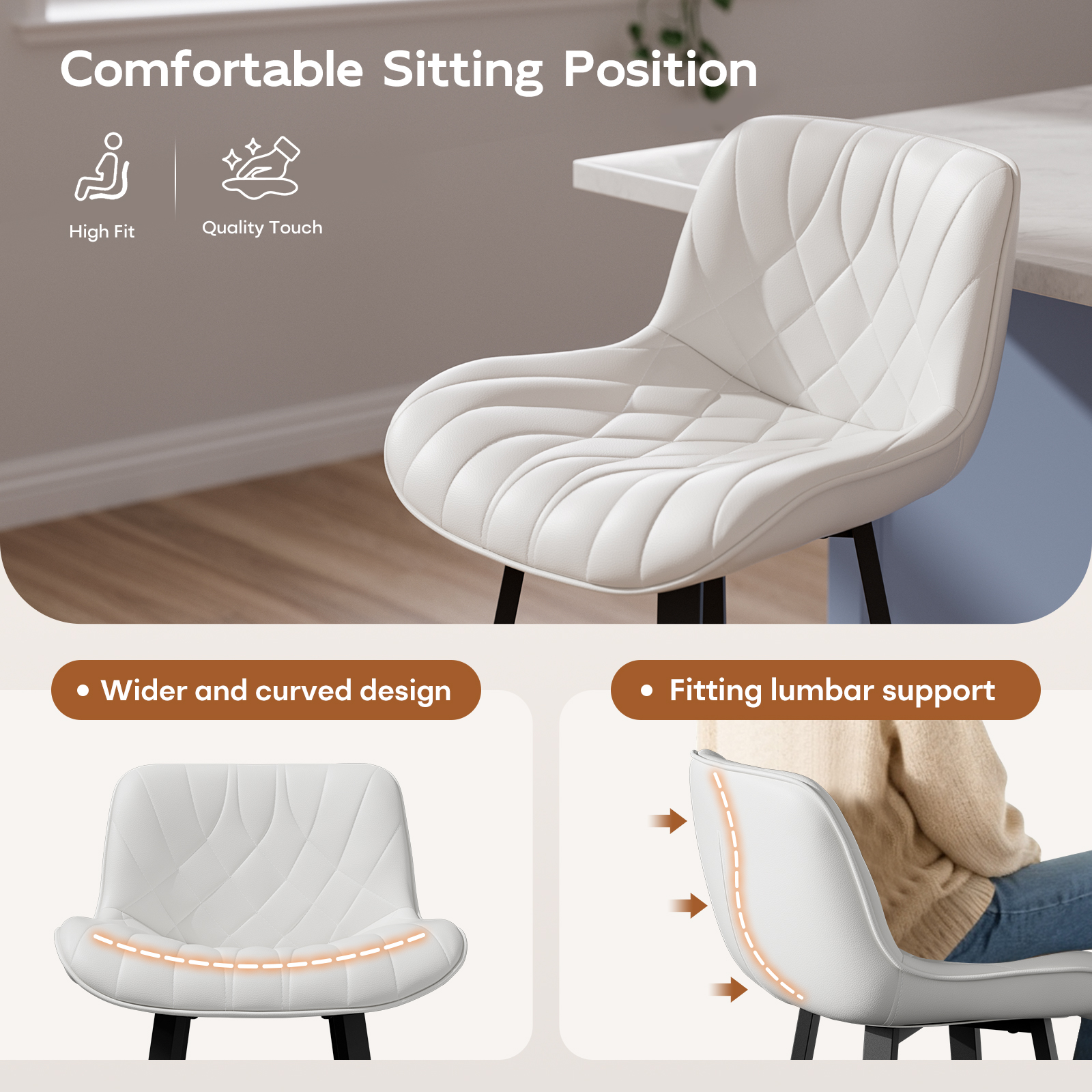 Genpo Bar Stools Set of 2, 26 Inch Barstools with Metal Legs, White Leather Farmhouse Upholstered Counter Height Bar Stool for Kitchen, Dining, Bar - Image 3