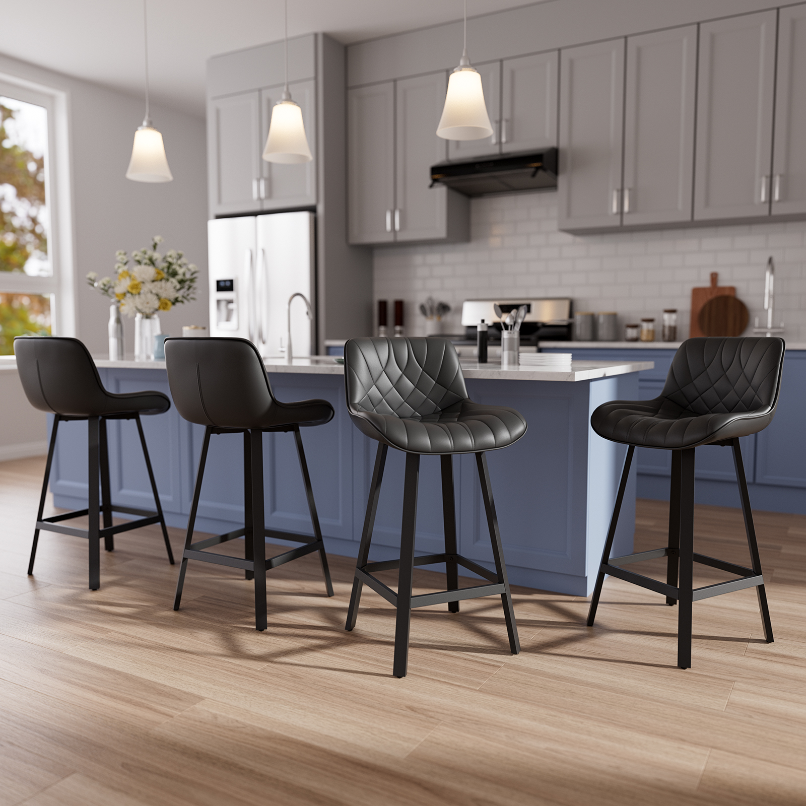 Genpo Bar Stools Set of 4, 26 Inch Barstools with Metal Legs, Black Leather Farmhouse Upholstered Counter Height Bar Stool for Kitchen, Dining, Bar