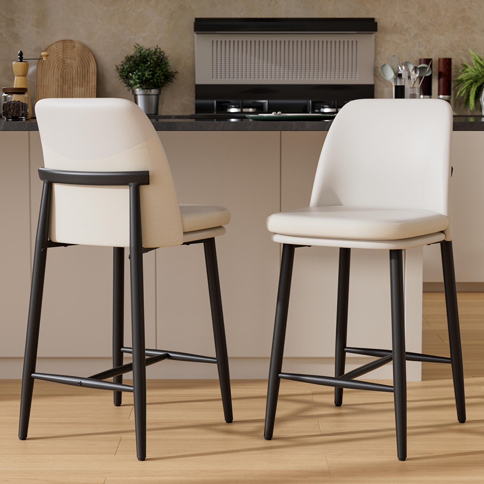 Genpo Bar Stools Set of 2, Upholstered Counter Height Bar Stools, Counter Stools 26 Inch Barstools with Back, Metal Legs and Textured Leather&Fabric for Kitchen Island Dining Room, White
