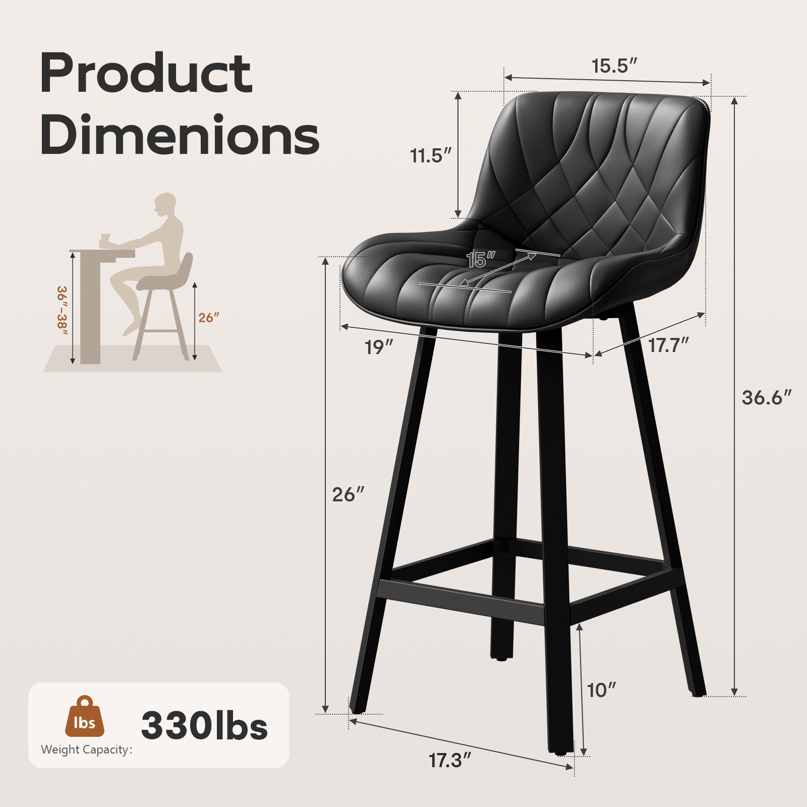 Genpo Bar Stools Set of 2, 26 Inch Barstools with Metal Legs, Black Leather Farmhouse Upholstered Counter Height Bar Stool for Kitchen, Dining, Bar - Image 2