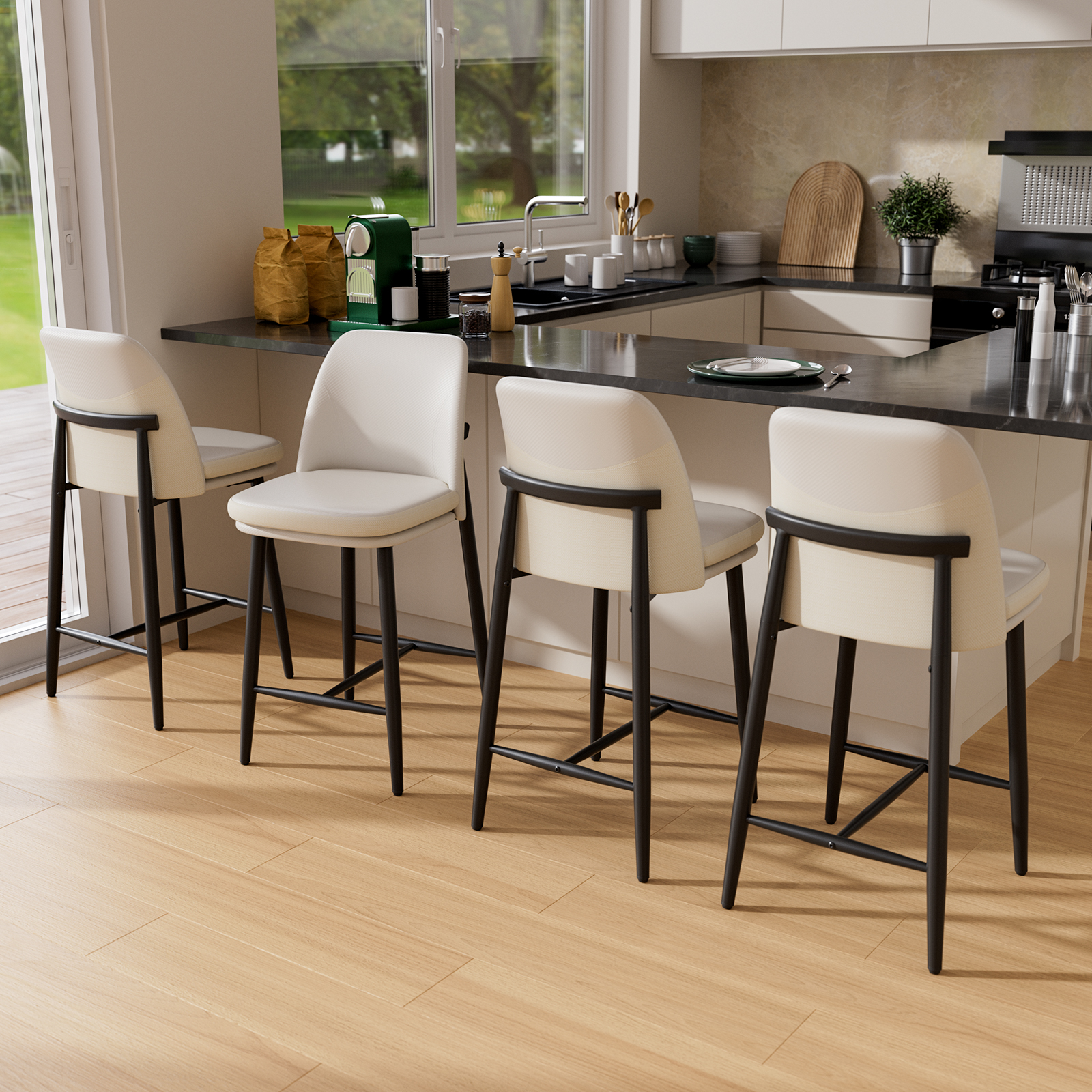 Genpo Bar Stools Set of 4, Upholstered Counter Height Bar Stools, Counter Stools 26 Inch Barstools with Back, Metal Legs and Textured Leather&Fabric for Kitchen Island Dining Room, White