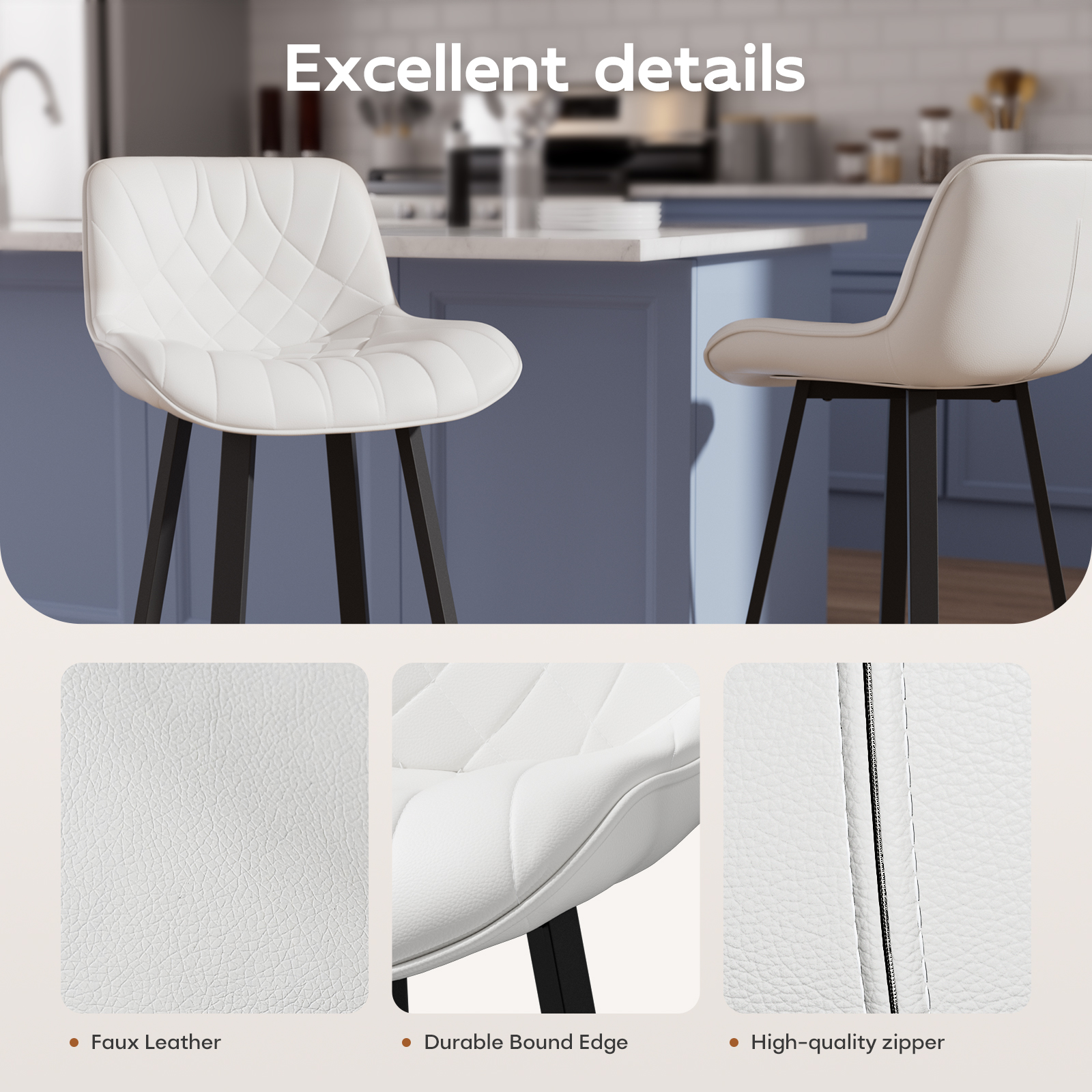Genpo Bar Stools Set of 2, 26 Inch Barstools with Metal Legs, White Leather Farmhouse Upholstered Counter Height Bar Stool for Kitchen, Dining, Bar - Image 7