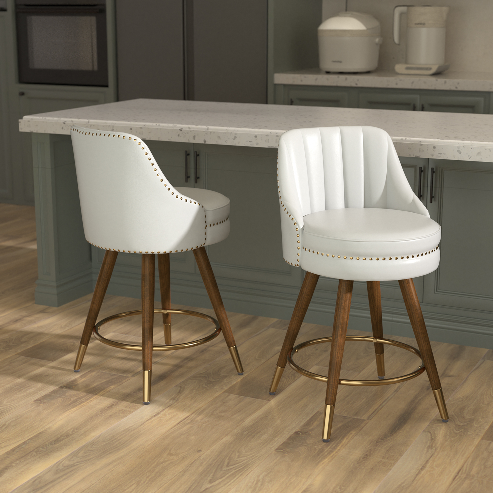 Genpo 24" Counter Height Bar stools Set of 2, White Leather Bar Stools with Backs, Swivel Counter Stools with Wooden Legs For Kitchen Island