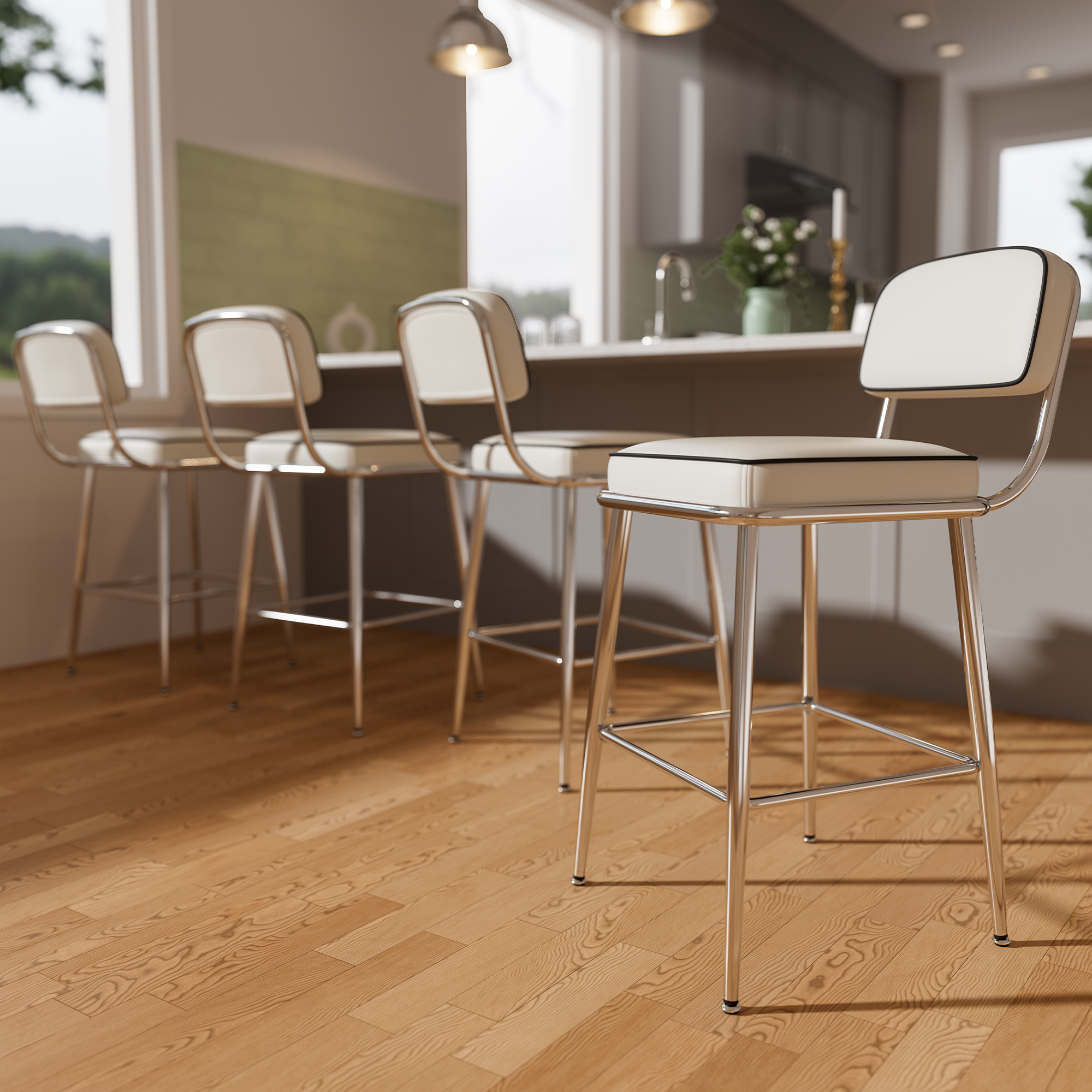 Genpo Counter Height Bar Stools Set of 4, 26" White Fabric Kitchen Counter Stools with Backs, Metal Legs, Footrest and Wide Seat, Bar Chairs for Kitchen Island