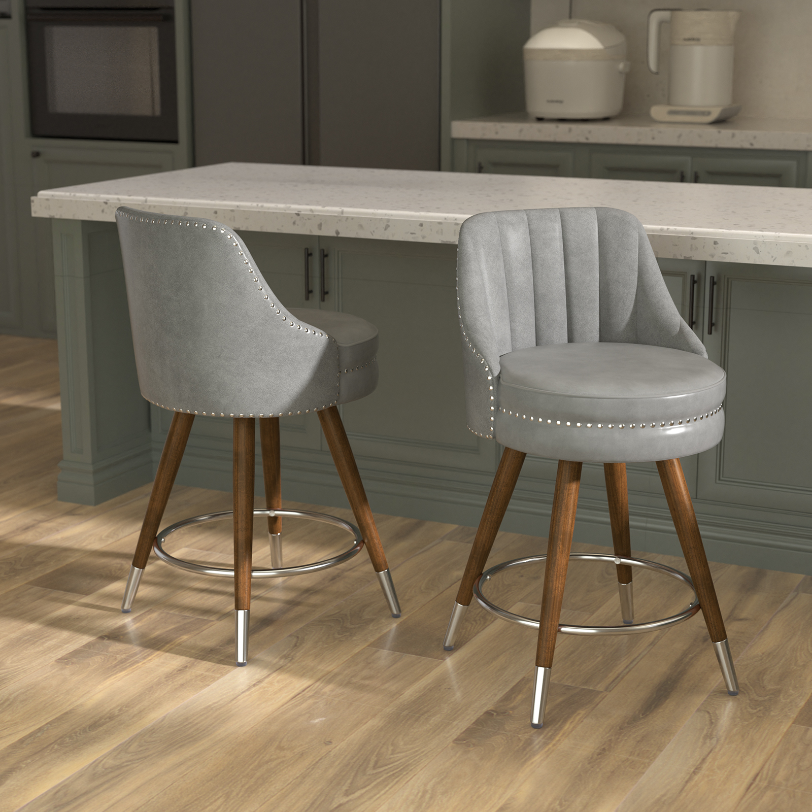 Genpo 24" Counter Height Bar stools Set of 2, Grey Leather Bar Stools with Backs, Swivel Counter Stools with Wooden Legs For Kitchen Island