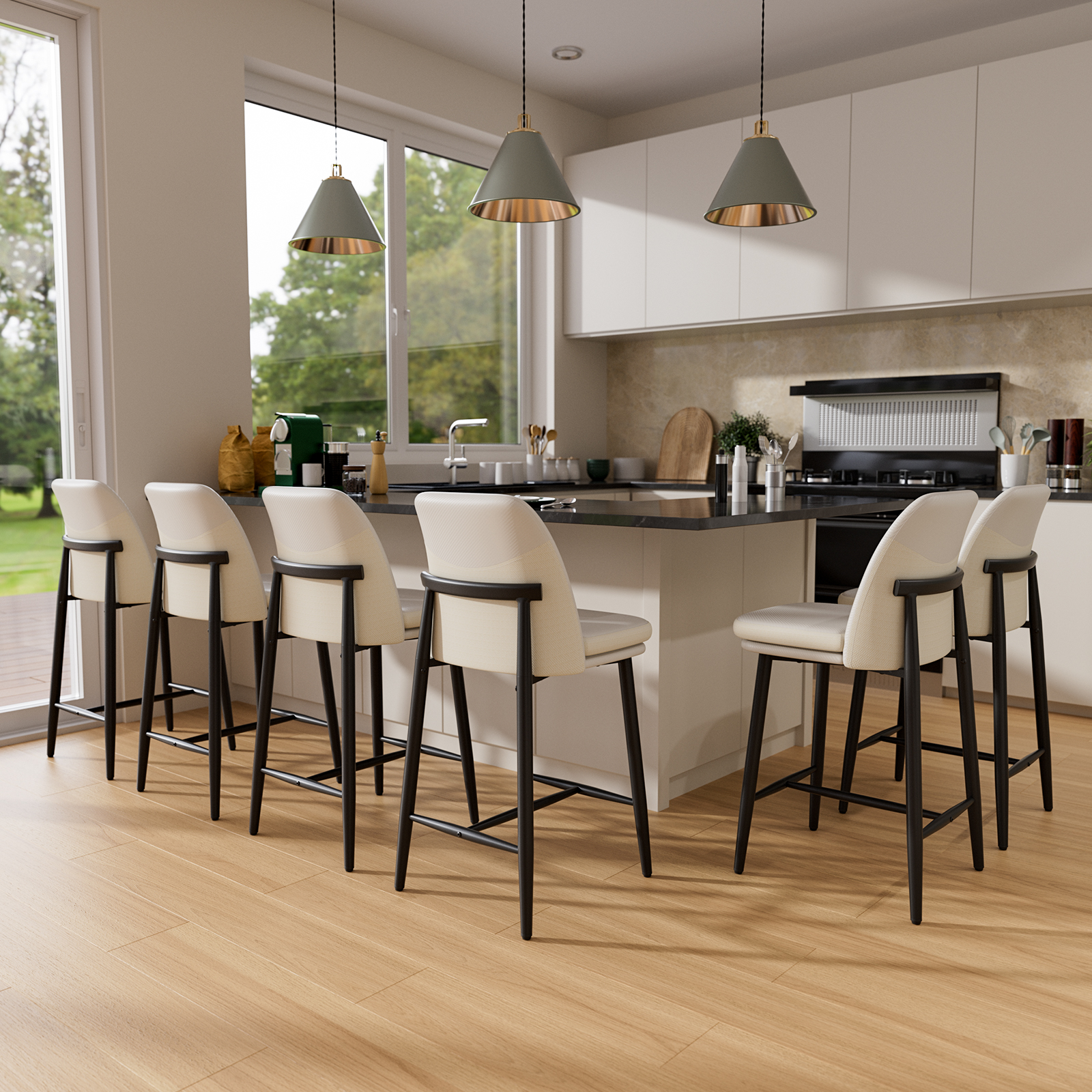 Genpo Bar Stools Set of 6, Upholstered Counter Height Bar Stools, Counter Stools 26 Inch Barstools with Back, Metal Legs and Textured Leather&Fabric for Kitchen Island Dining Room, White