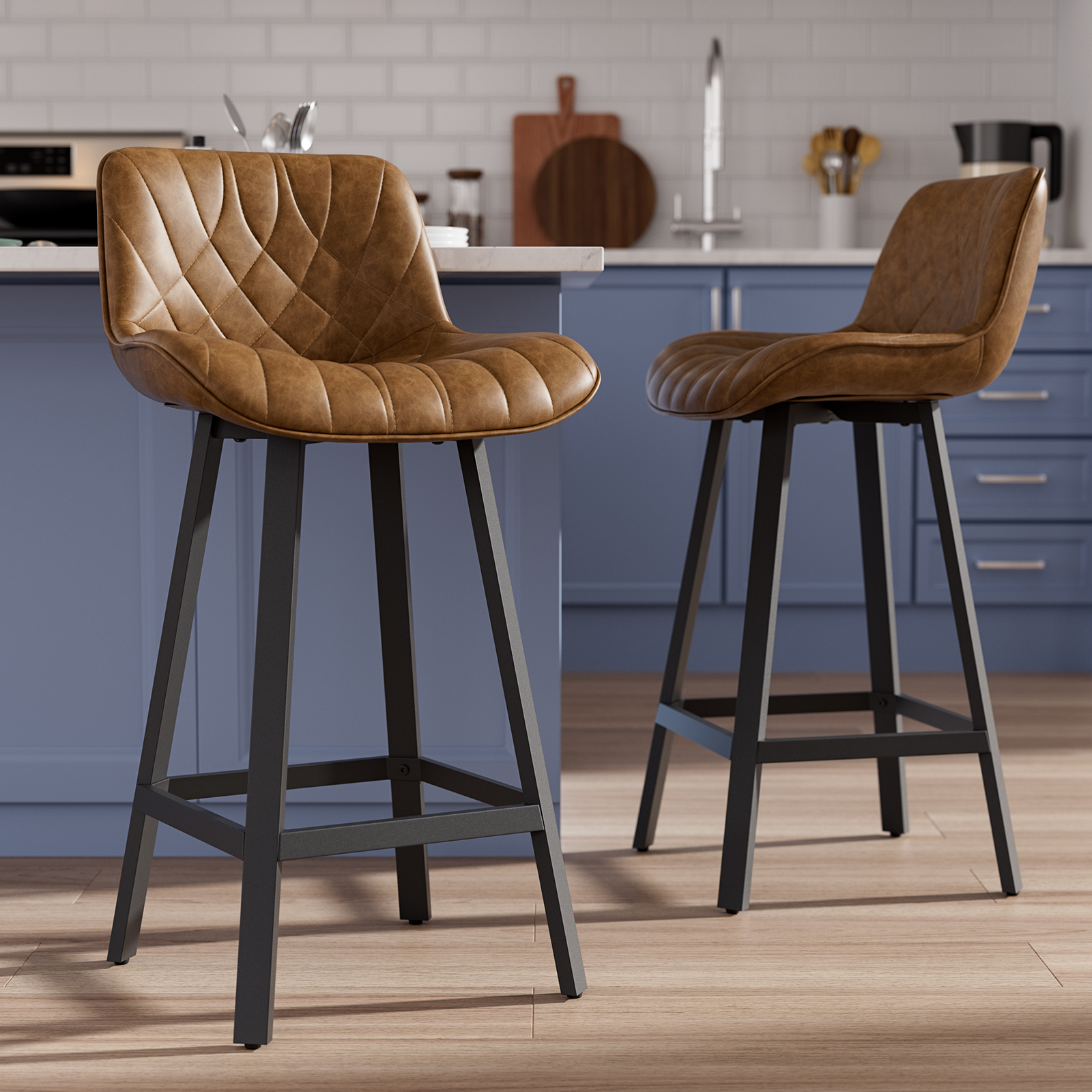 Genpo Bar Stools Set of 2, 26 Inch Barstools with Metal Legs, Brown Leather Farmhouse Upholstered Counter Height Bar Stool for Kitchen, Dining, Bar