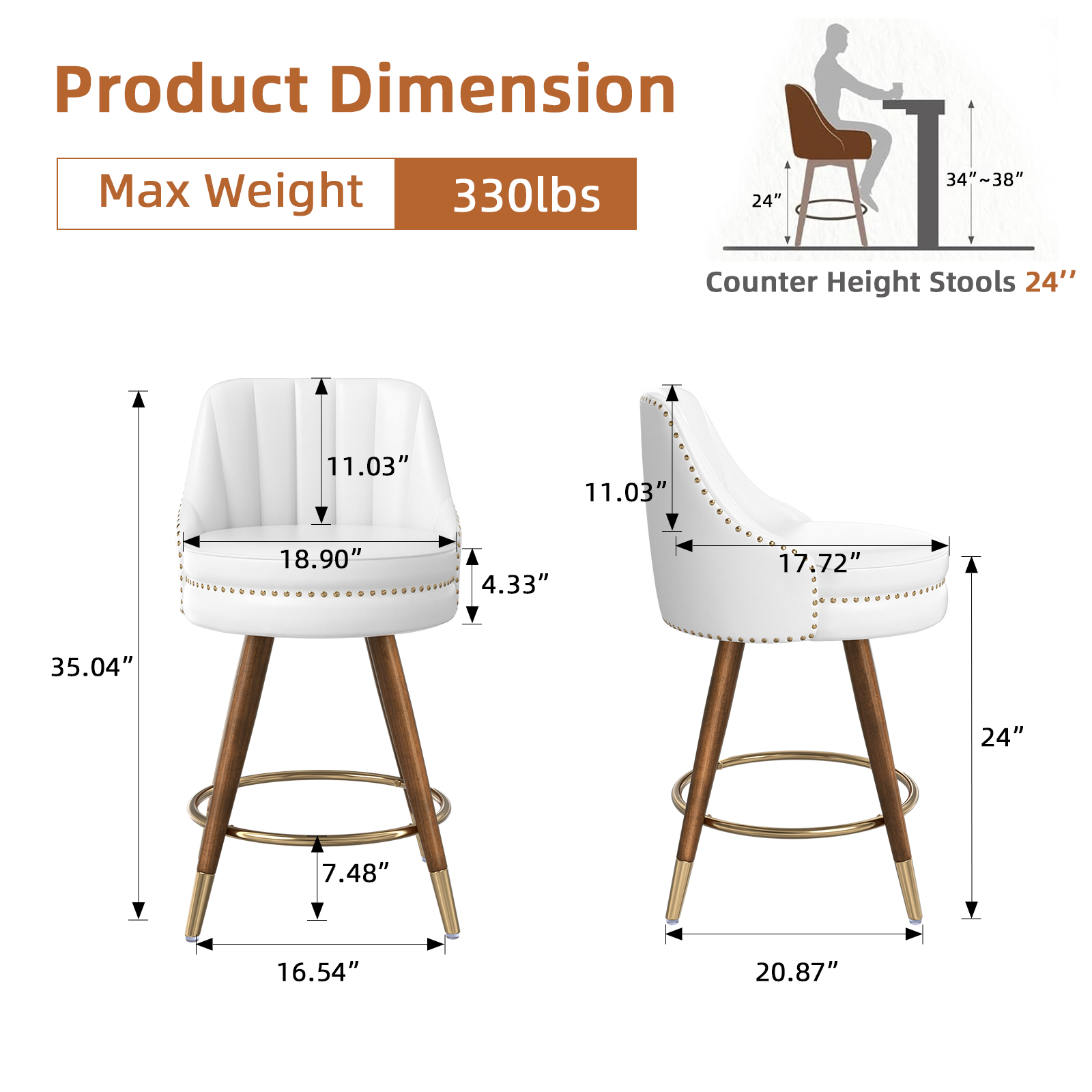 Genpo 24" Counter Height Bar stools Set of 2, White Leather Bar Stools with Backs, Swivel Counter Stools with Wooden Legs For Kitchen Island - Image 2
