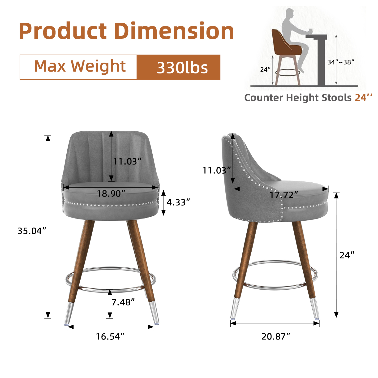 Genpo 24" Counter Height Bar stools Set of 2, Grey Leather Bar Stools with Backs, Swivel Counter Stools with Wooden Legs For Kitchen Island - Image 2