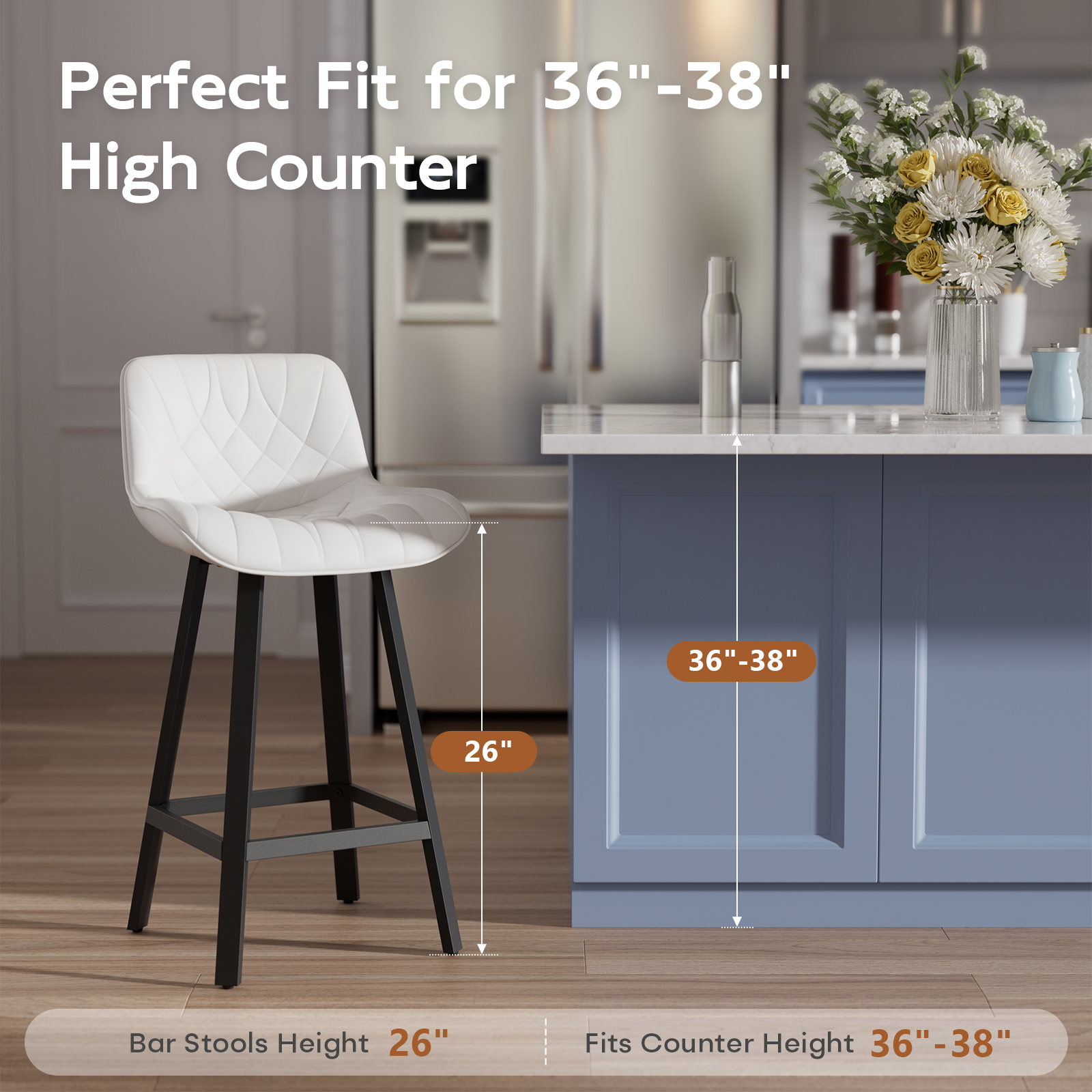 Genpo Bar Stools Set of 2, 26 Inch Barstools with Metal Legs, White Leather Farmhouse Upholstered Counter Height Bar Stool for Kitchen, Dining, Bar - Image 4