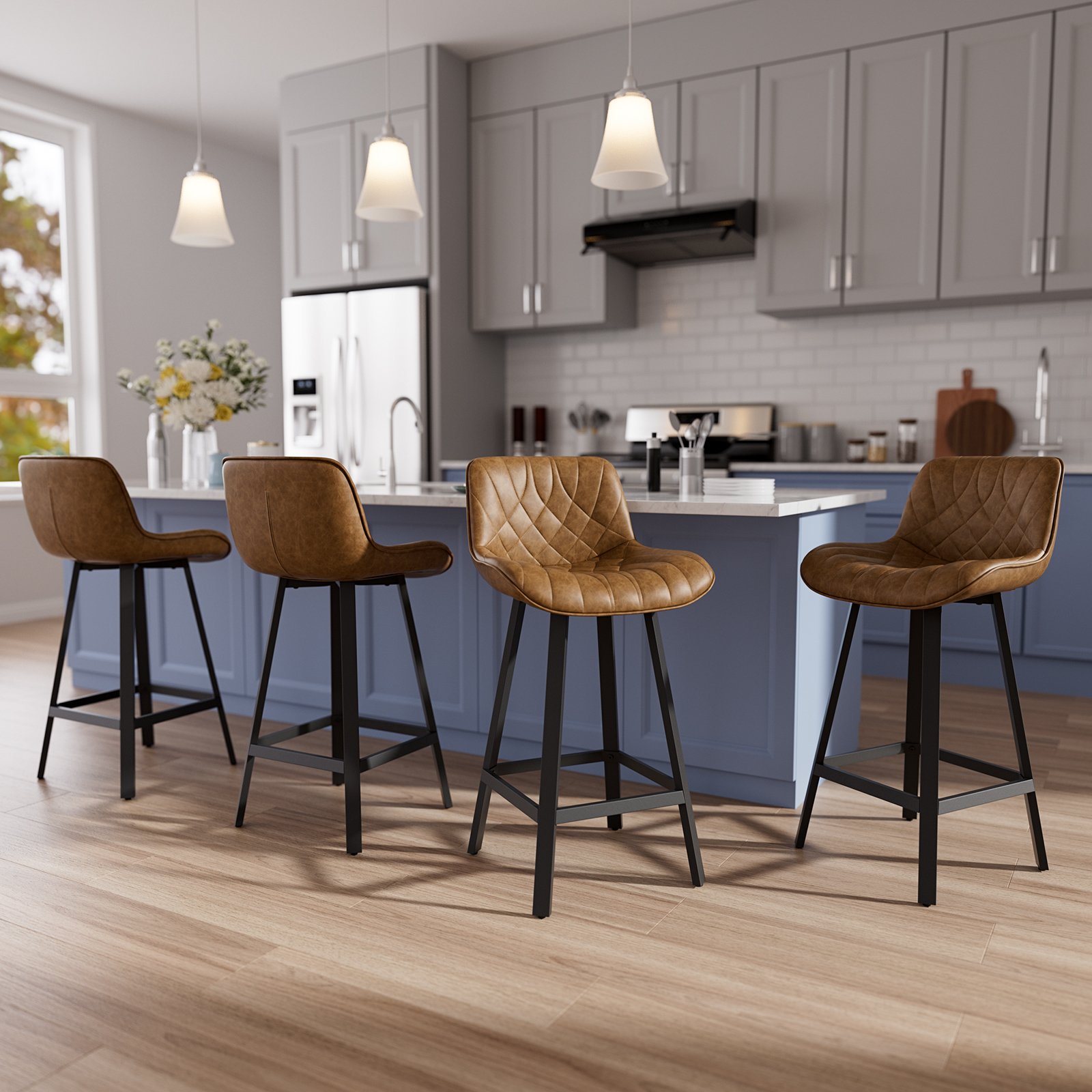 Genpo Bar Stools Set of 4, 26 Inch Barstools with Metal Legs, Brown Leather Farmhouse Upholstered Counter Height Bar Stool for Kitchen, Dining, Bar