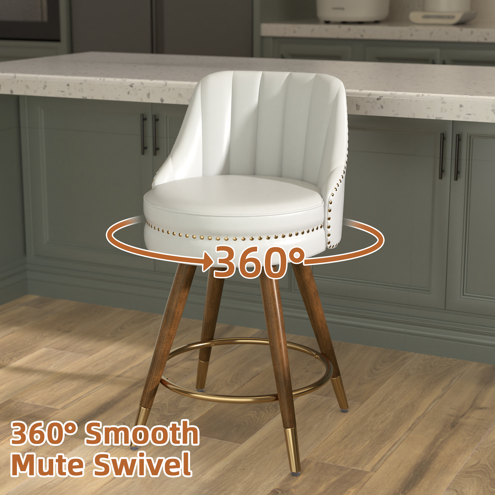 Genpo 24" Counter Height Bar stools Set of 2, White Leather Bar Stools with Backs, Swivel Counter Stools with Wooden Legs For Kitchen Island - Image 3