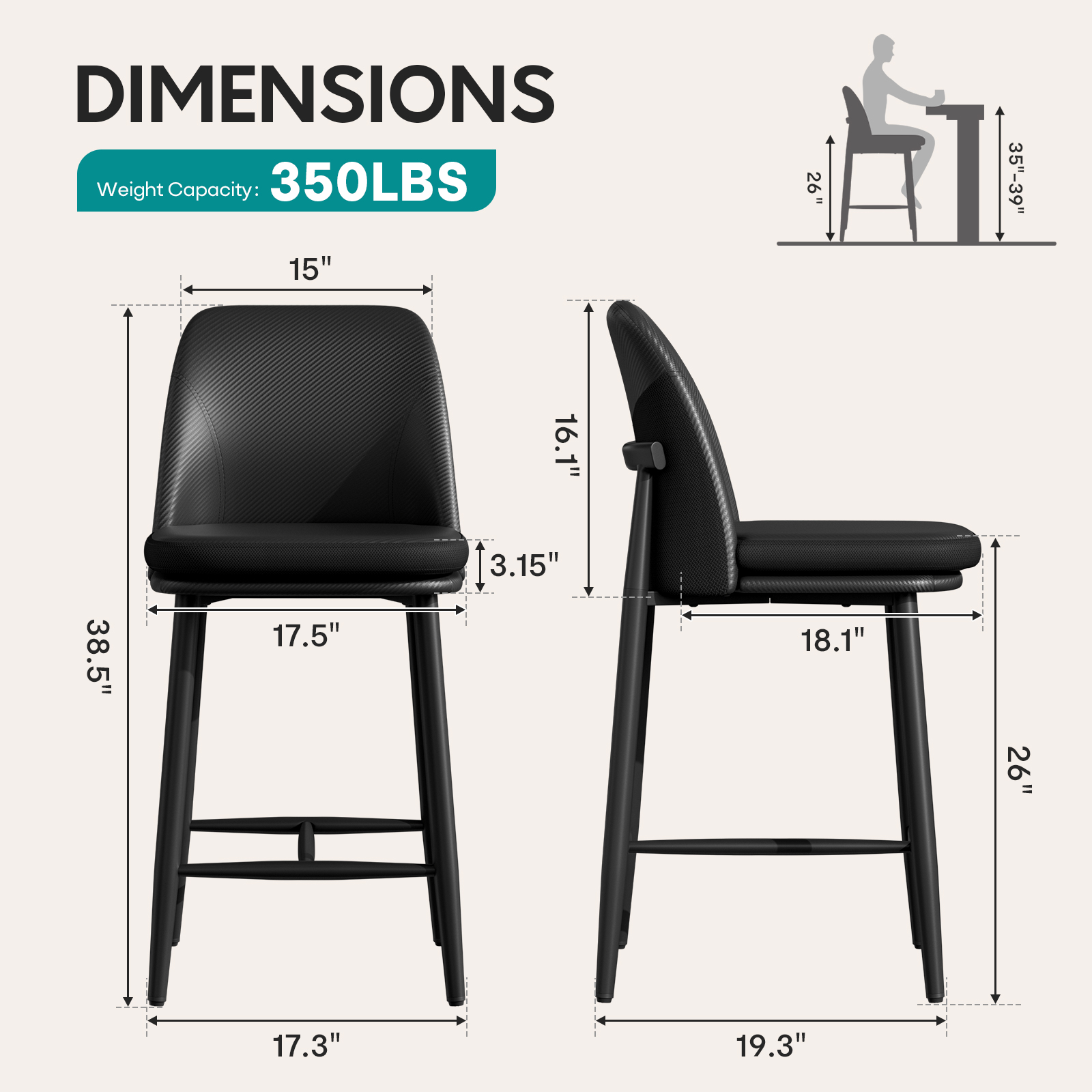 Genpo Bar Stools Set of 2, Upholstered Counter Height Bar Stools, Counter Stools 26 Inch Barstools with Back, Metal Legs and Textured Leather&Fabric for Kitchen Island Dining Room, Black - Image 2
