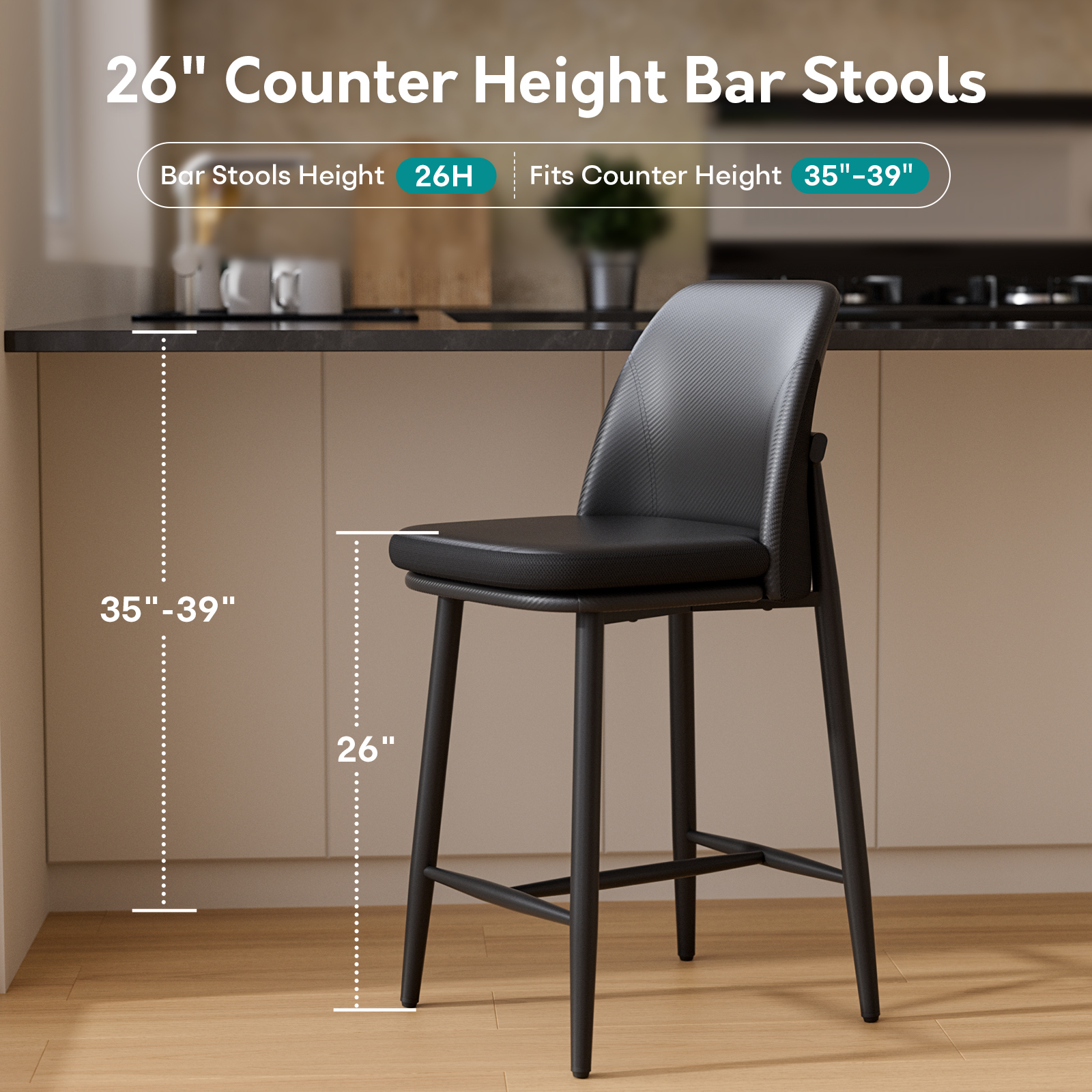 Genpo Bar Stools Set of 2, Upholstered Counter Height Bar Stools, Counter Stools 26 Inch Barstools with Back, Metal Legs and Textured Leather&Fabric for Kitchen Island Dining Room, Black - Image 6