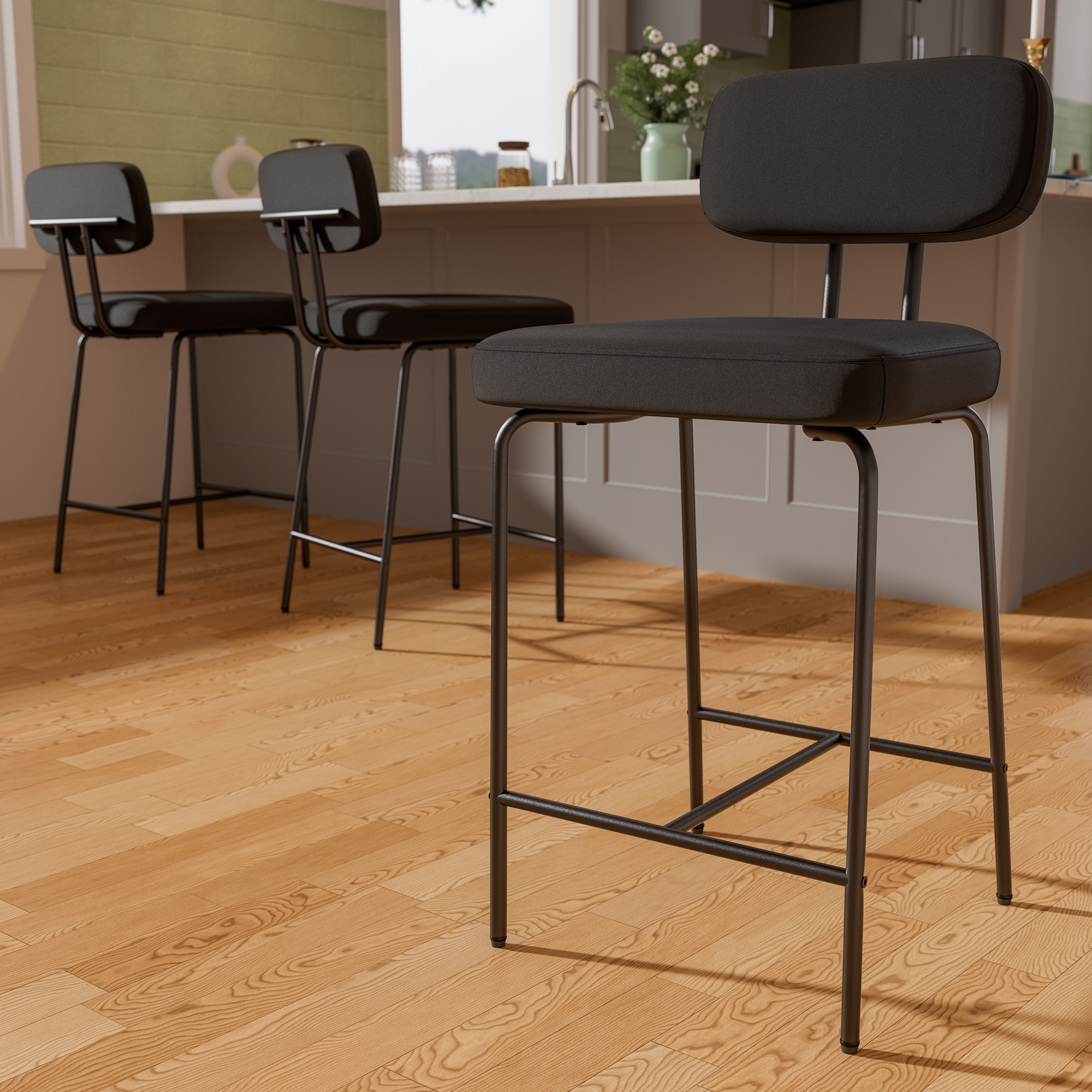 Genpo Counter Height Bar Stools Set of 3, 26" Black Fabric Kitchen Counter Stools with Backs, Metal Legs, Footrest and Wide Seat, Bar Chairs for Kitchen Island