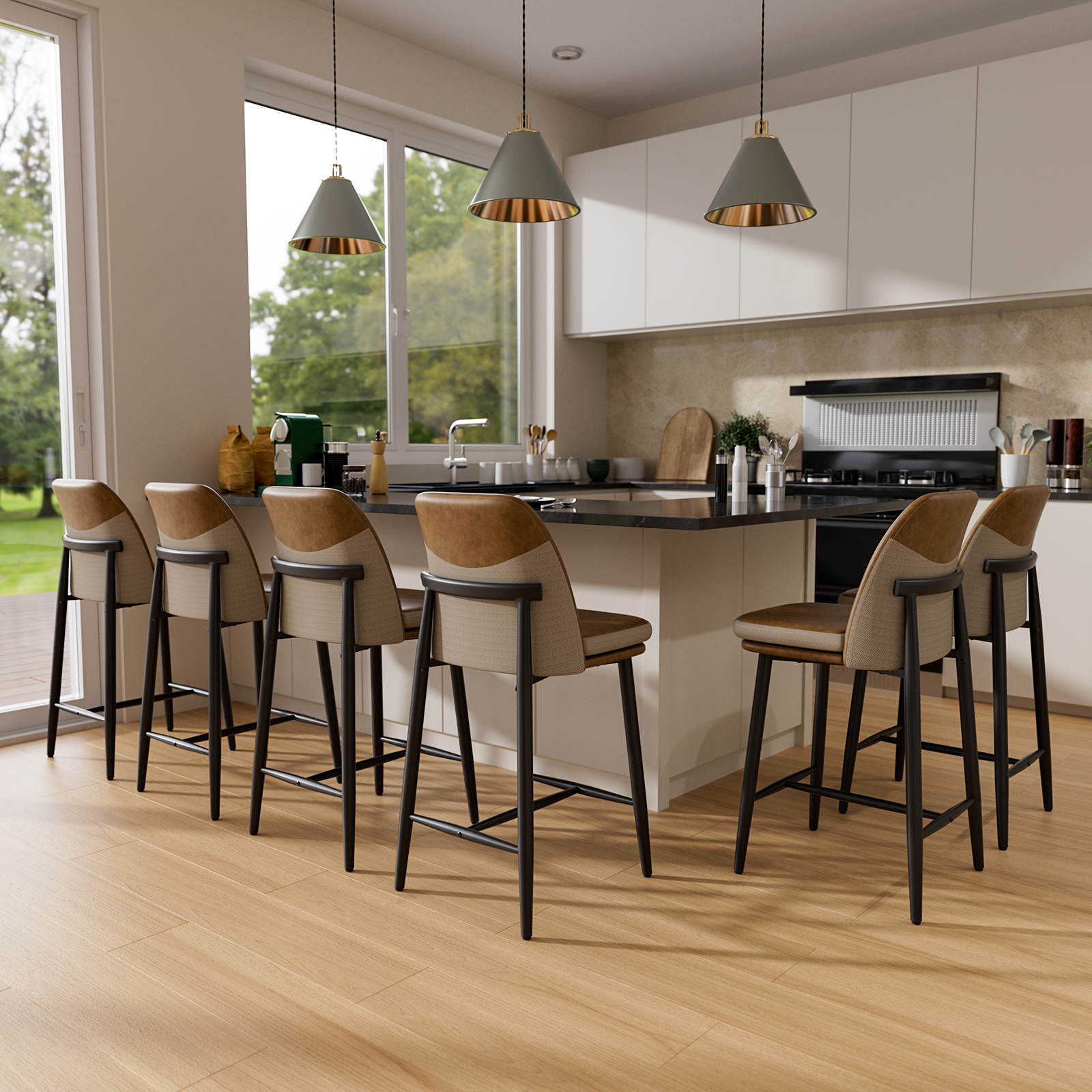 Genpo Bar Stools Set of 6, Upholstered Counter Height Bar Stools, Counter Stools 26 Inch Barstools with Back, Metal Legs and Textured Leather&Fabric for Kitchen Island Dining Room, Brown