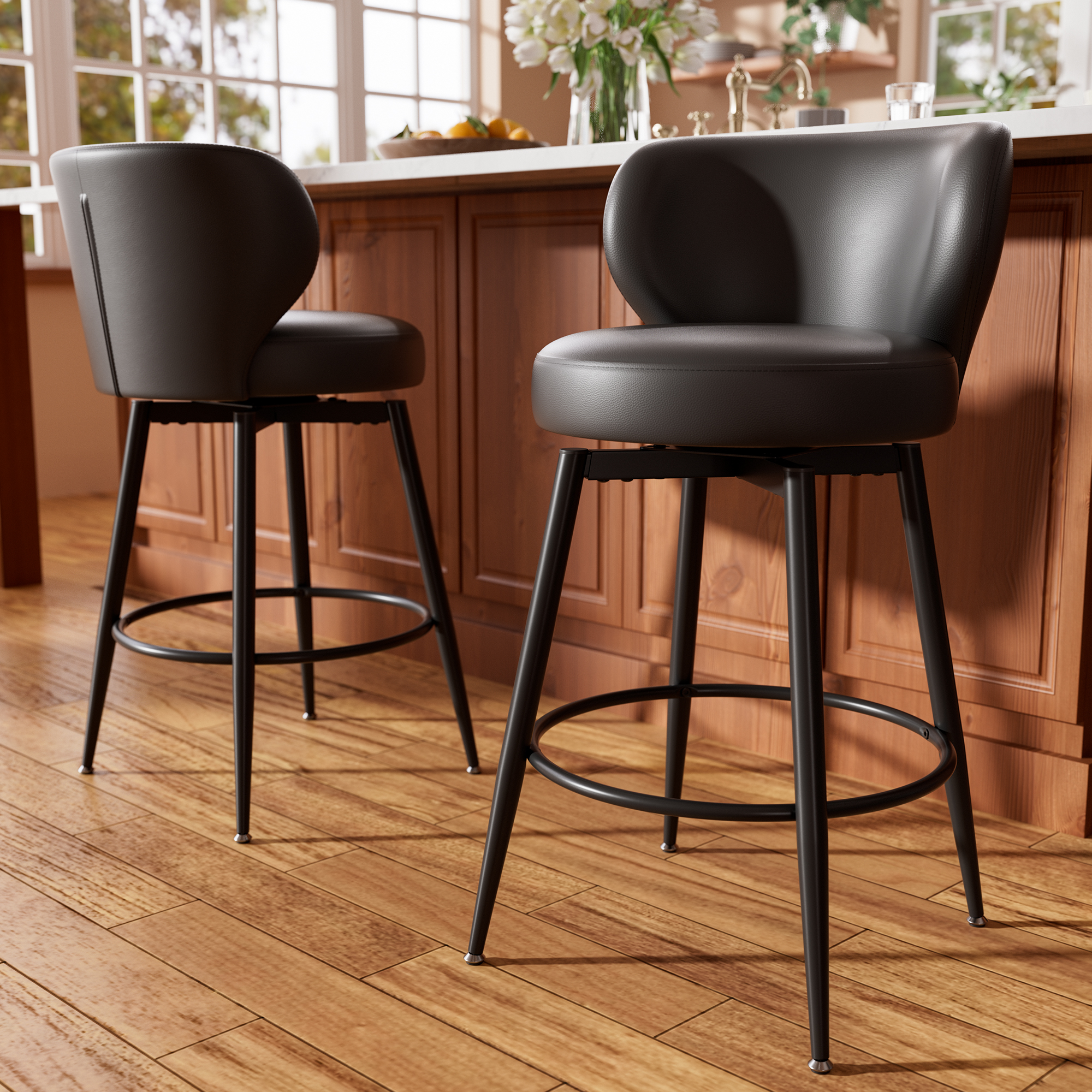 Genpo Bar Stools Set of 2, 26 Inch Barstools with Sturdy Legs, Black Leather Farmhouse Swivel Counter Height Bar Stool for Kitchen, Dining, Bar