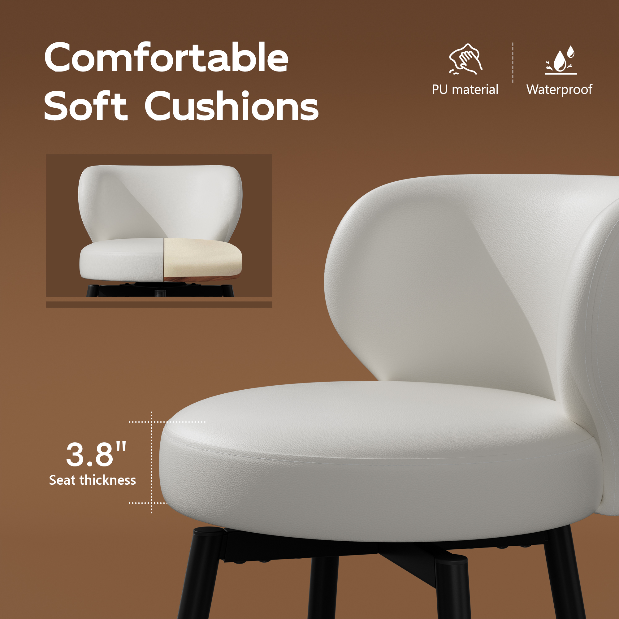 Genpo Bar Stools Set of 4, 26 Inch Barstools with Sturdy Legs, White Leather Farmhouse Swivel Counter Height Bar Stool for Kitchen, Dining, Bar - Image 5