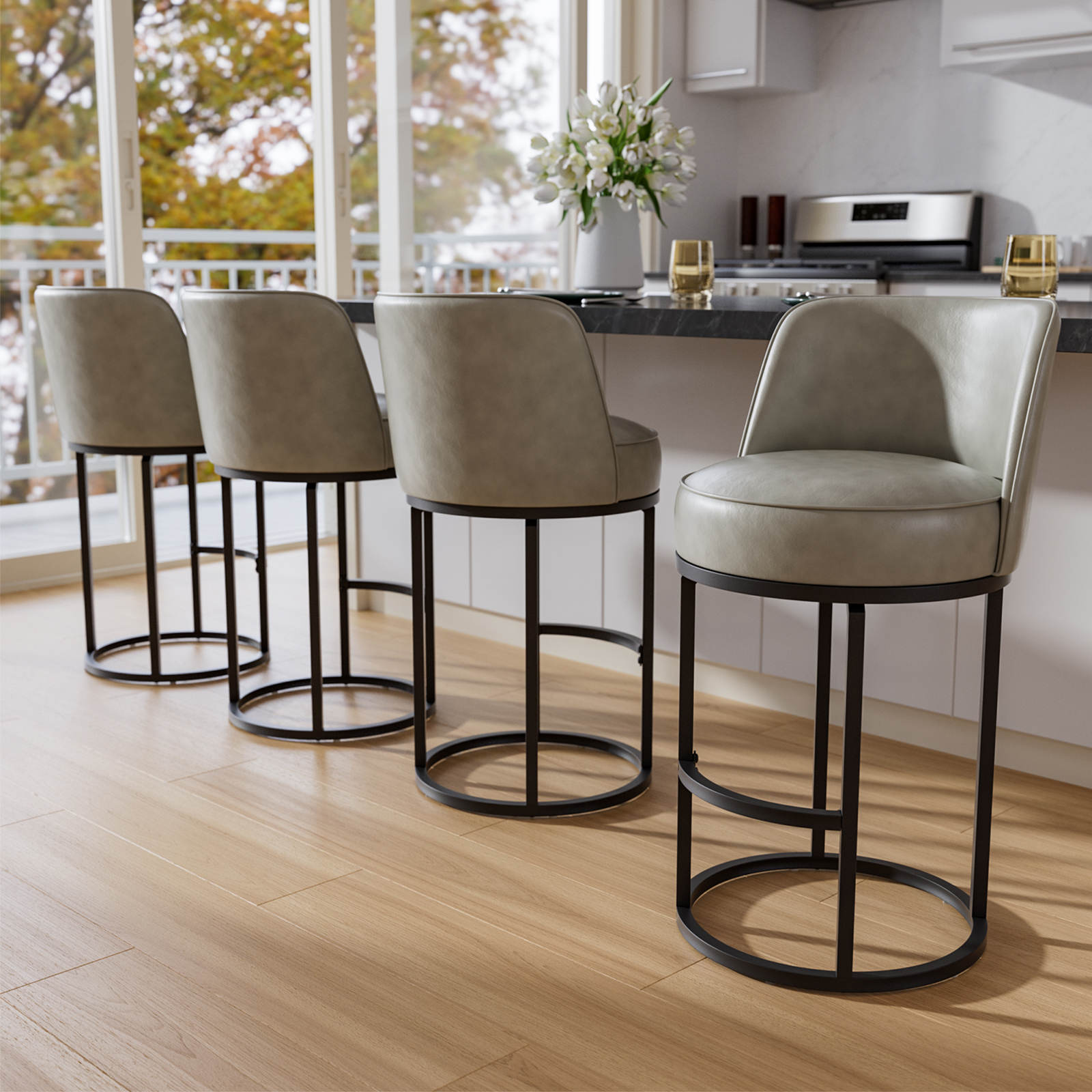 Genpo Bar Stools Set of 4, 26 inch Counter Height Bar Stools, Swivel Gray Leather Barstools with Backs, Round Base, Footrest, Metal Legs for Kitchen Island
