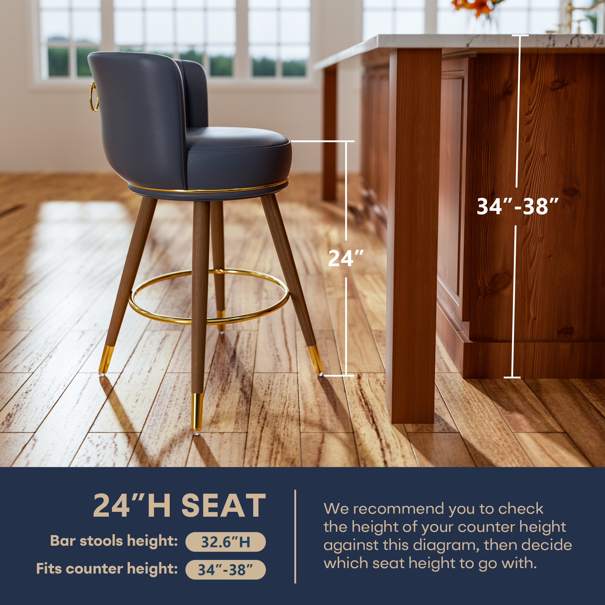 Genpo Swivel Counter Height Bar Stools Set of 2, 24 inch Blue Leather Kitchen Swivel Counter Stools with Backs, Wood Legs and Footrest, Bar Chairs for Kitchen Island - Image 7